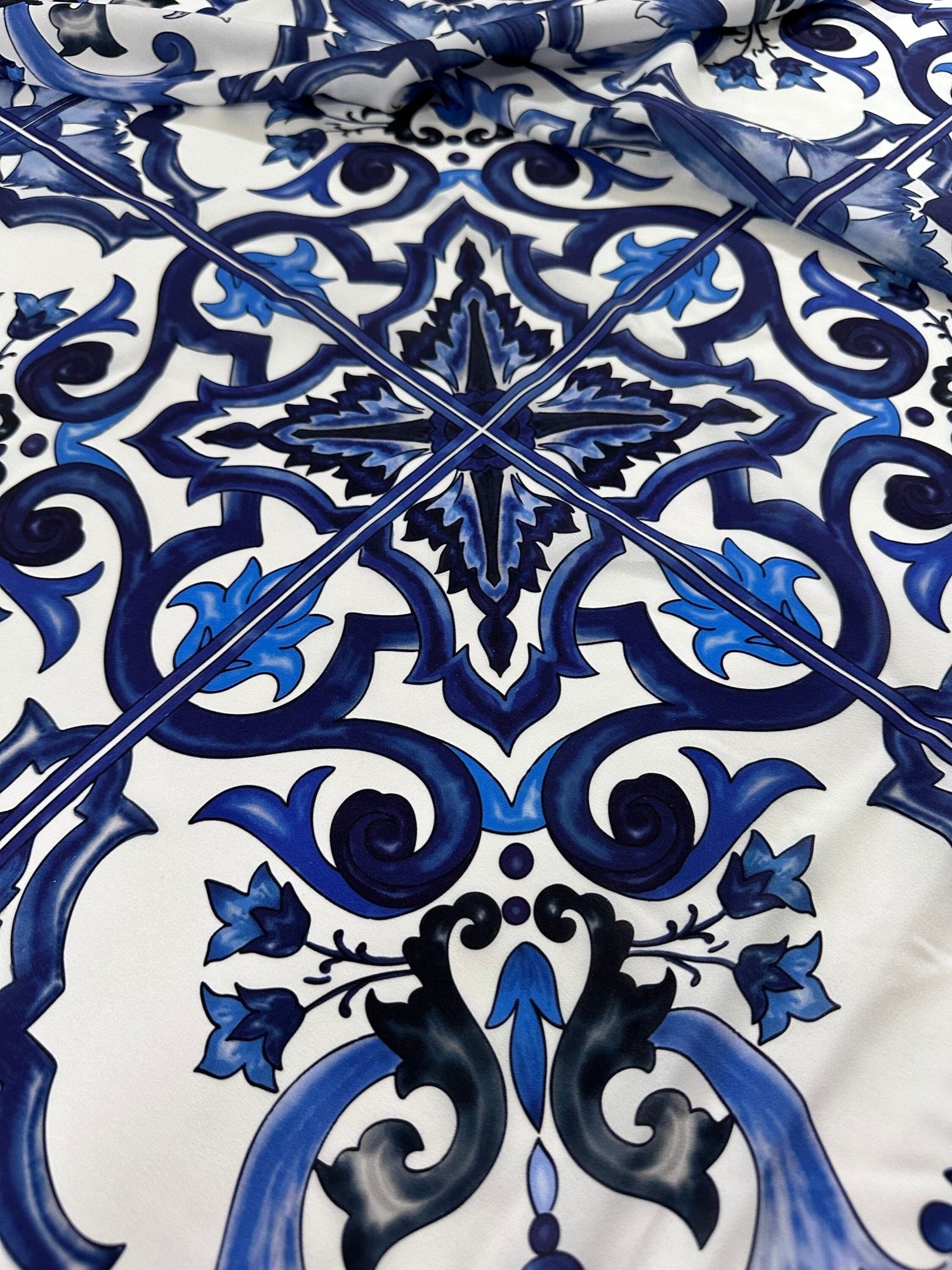 Crepe Fabric, Majolica Pattern Crepe Fabric, Blue White Swirl Fabric - Whotex Online Fabric Store