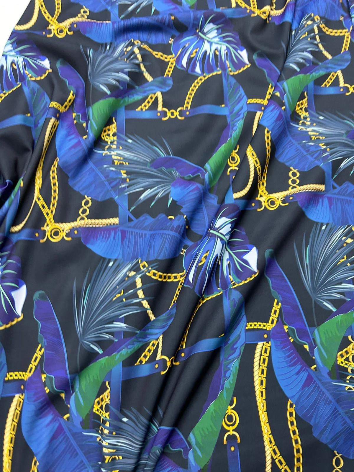 Crepe Fabric, Navy Blue Leaf Crepe Fabric, , Chain pattern - Whotex