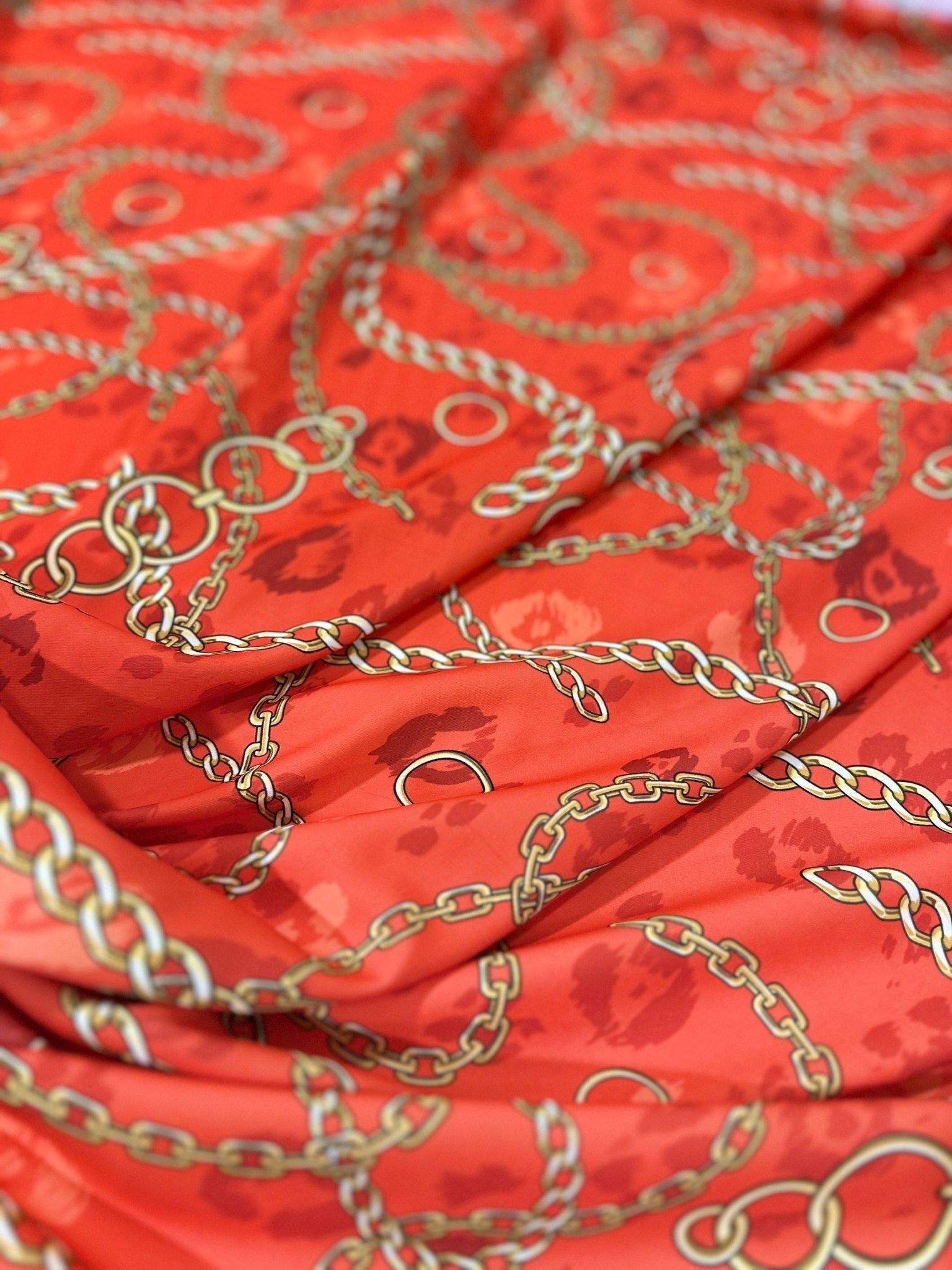 Crepe Fabric, Orange Silky Crepe Fabric, Gold Chain Pattern Fabric , , Animal Chain pattern - Whotex