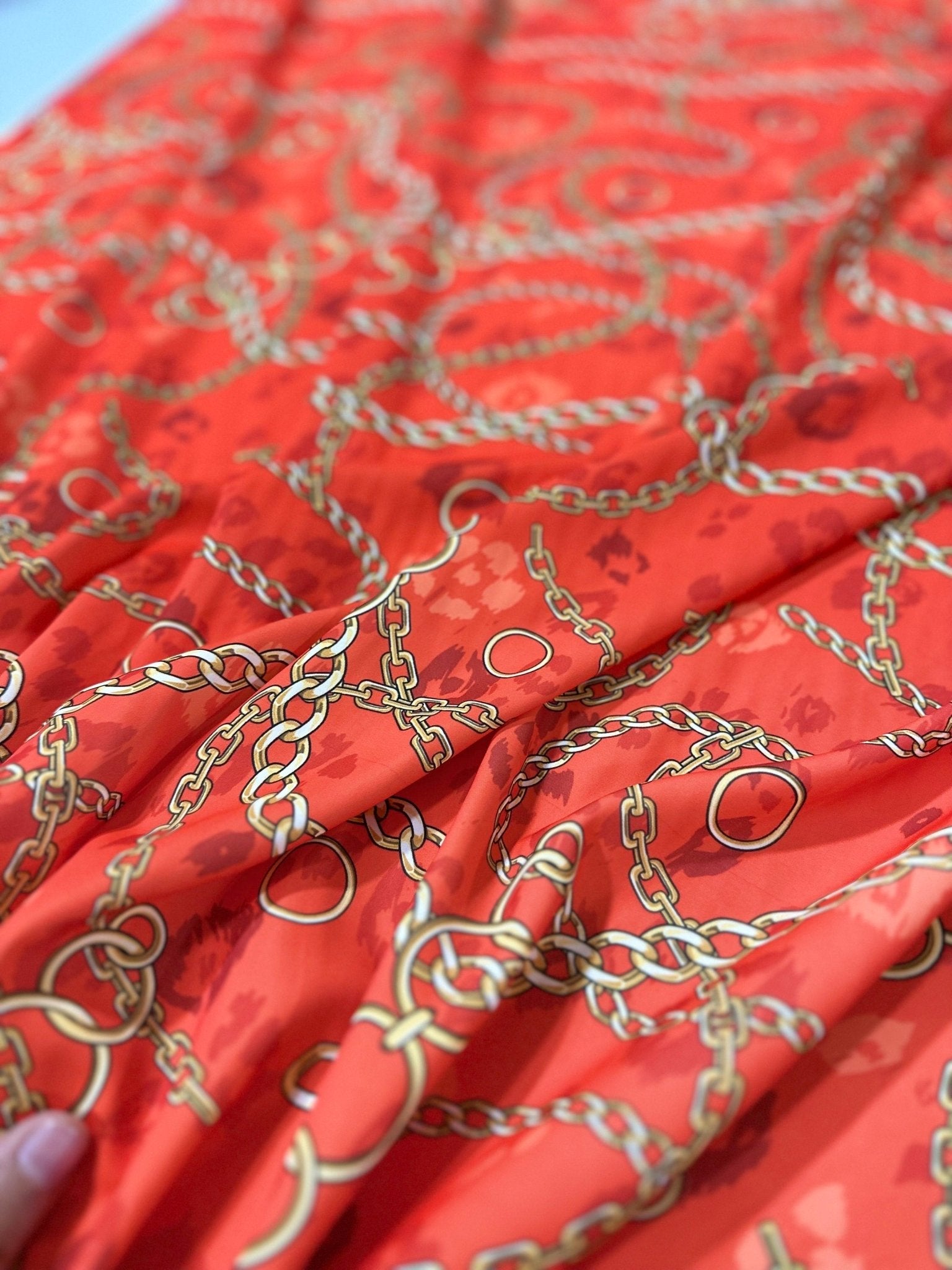 Crepe Fabric, Orange Silky Crepe Fabric, Gold Chain Pattern Fabric , , Animal Chain pattern - Whotex