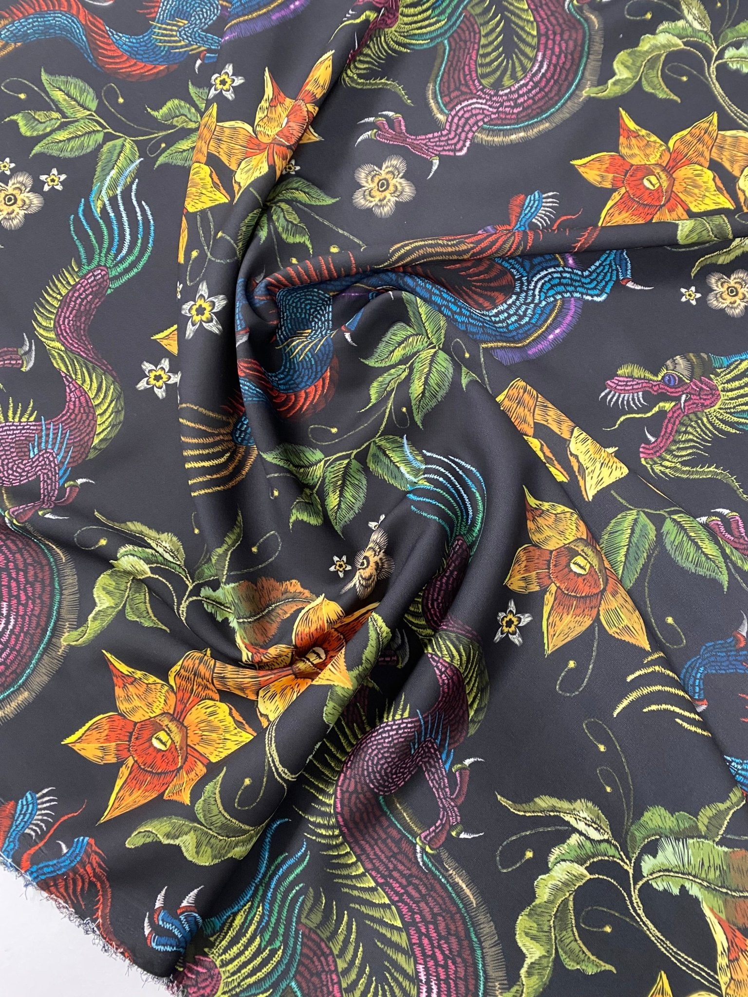 Dragon & Floral Print Crepe Fabric by the Metre – Bold Design - Whotex Fabrics London