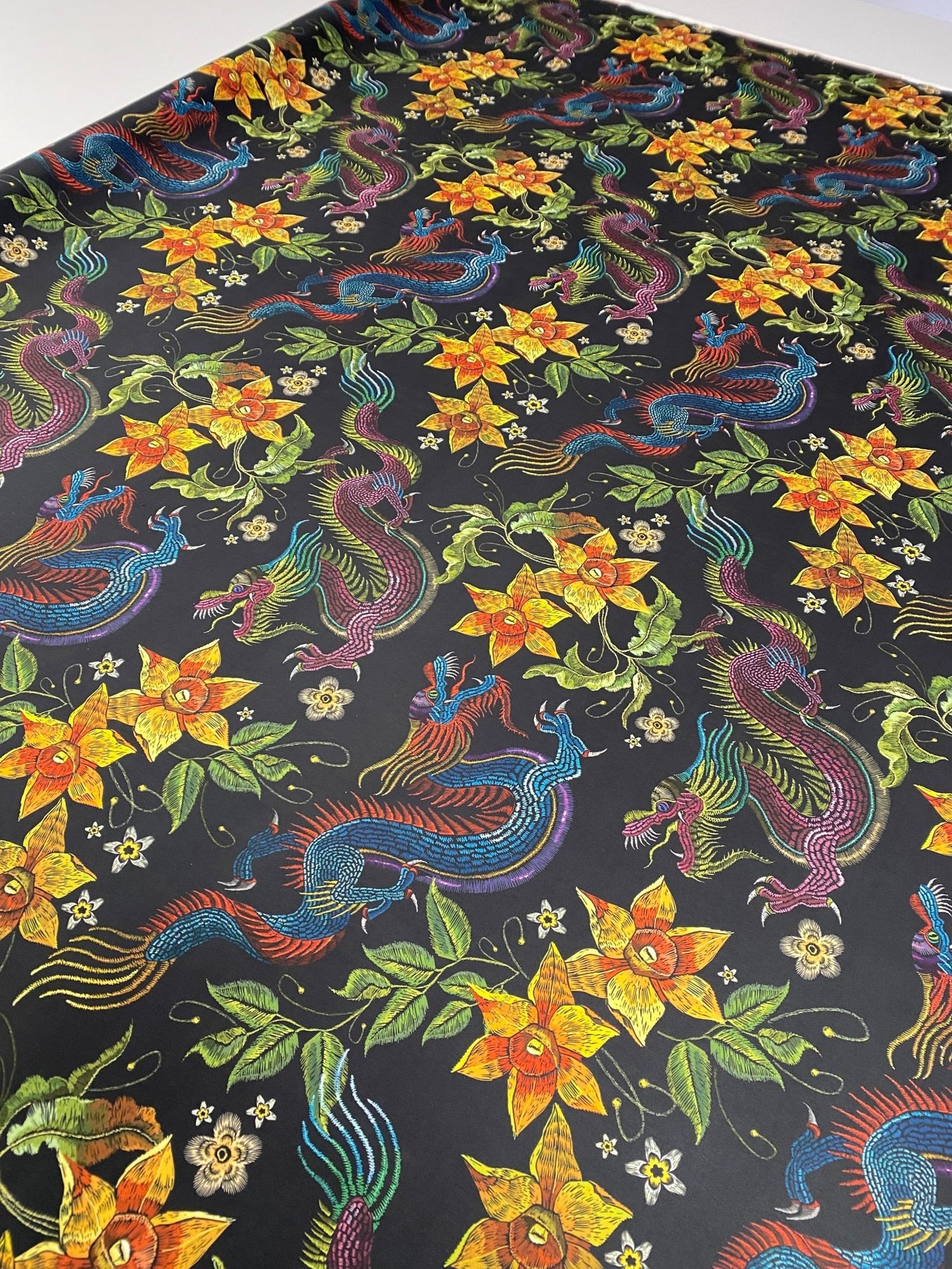 Dragon & Floral Print Crepe Fabric by the Metre – Bold Design - Whotex Fabrics London