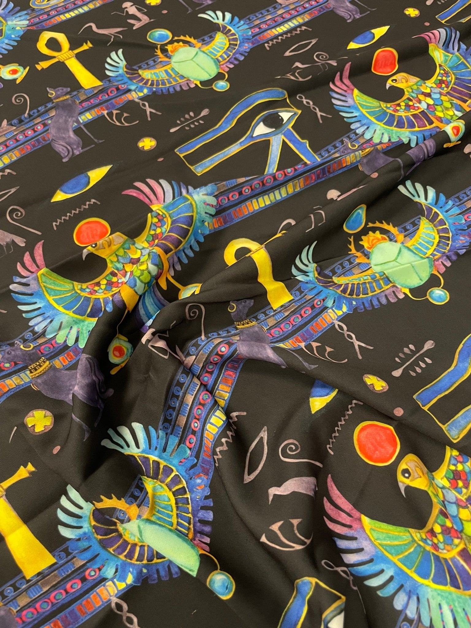 Egyptian Symbol Crepe Fabric by the Metre – Mystical Design - Whotex Fabrics London