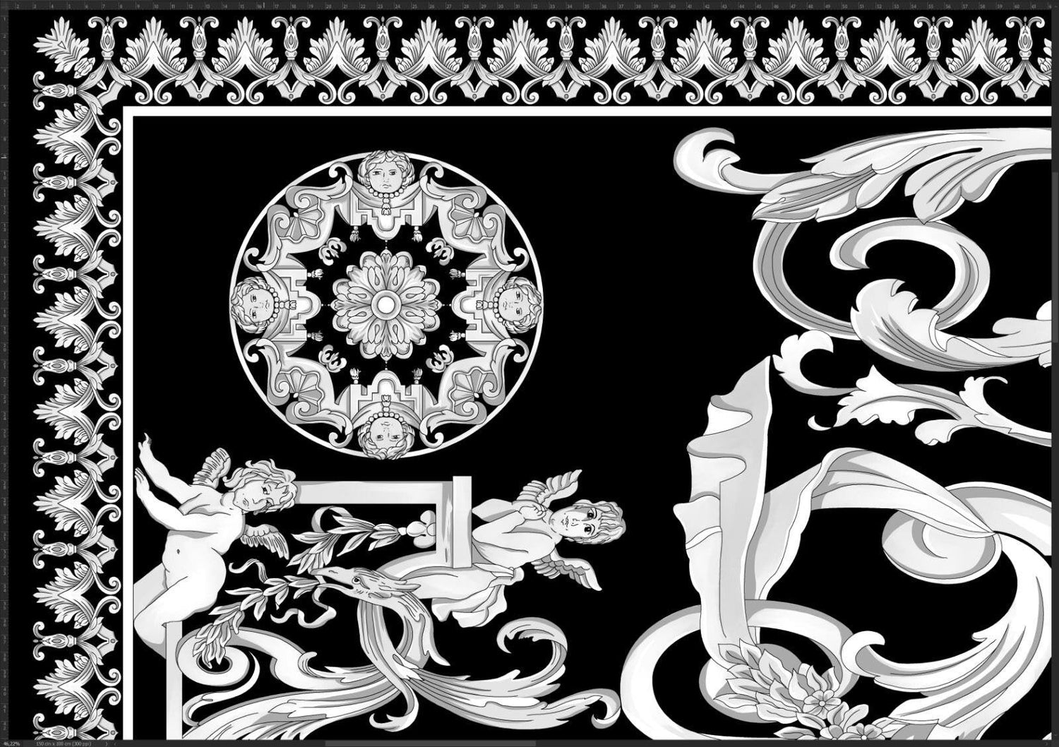 Elegant Black and White Baroque Fabric Panel - Whotex Online Fabric Store