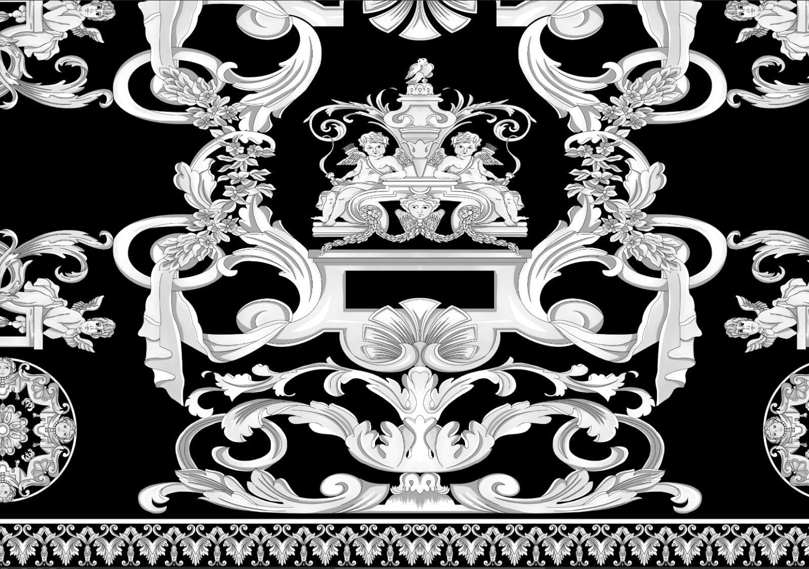 Elegant Black and White Baroque Fabric Panel - Whotex Online Fabric Store