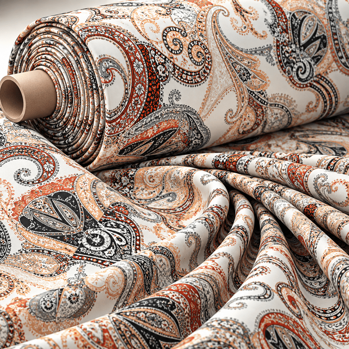Elegant Black & Beige Paisley Fabric by the Metre - Whotex Fabrics London