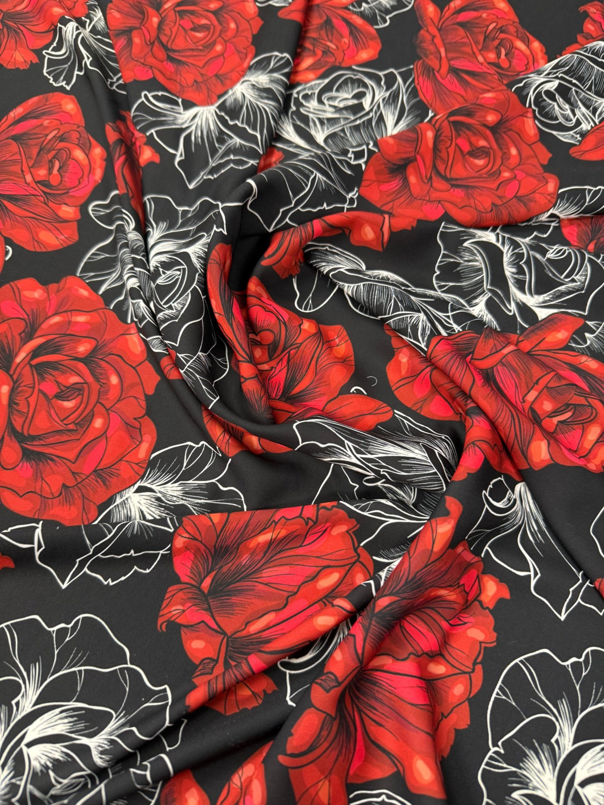 Elegant Red Rose Patterned Fabric by Metre - Whotex Fabrics London