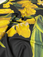 Elegant Yellow Tulip Floral Print Fabric on Black Background - Bold Spring Textile Design - Whotex Online Fabric Store