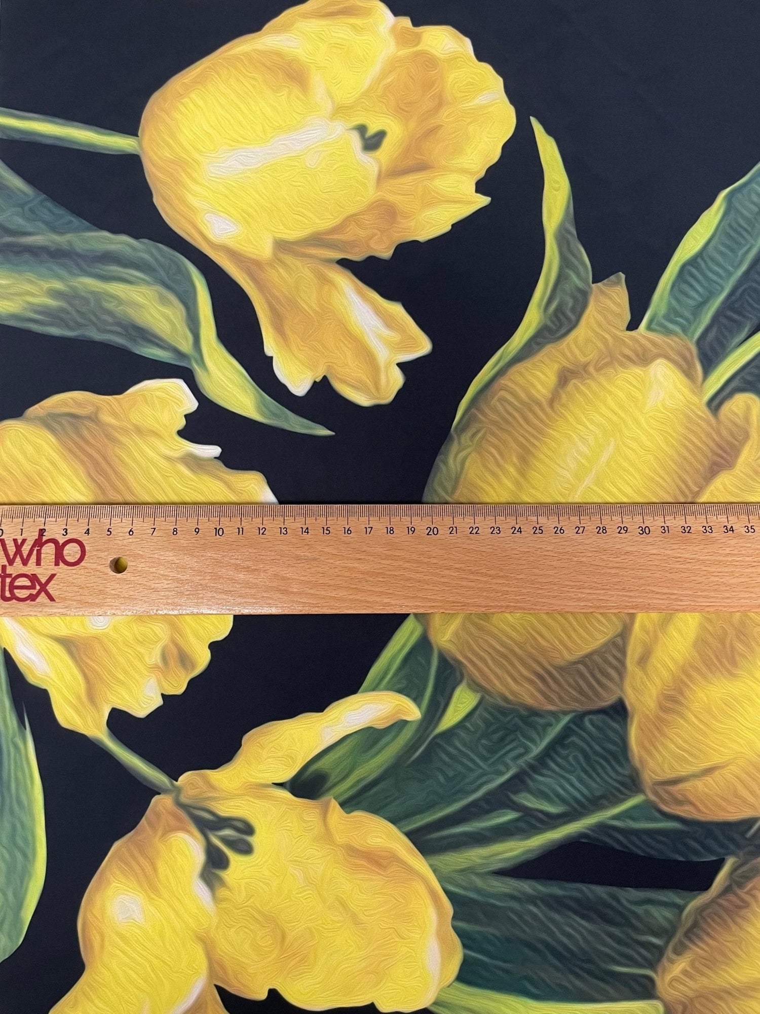 Elegant Yellow Tulip Floral Print Fabric on Black Background - Bold Spring Textile Design - Whotex Online Fabric Store