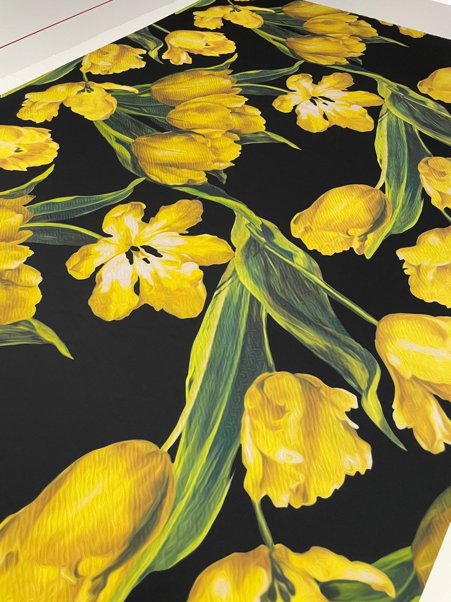 Elegant Yellow Tulip Floral Print Fabric on Black Background - Bold Spring Textile Design - Whotex Online Fabric Store