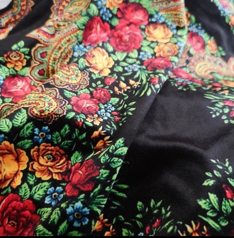 Ethnic Floral Pattern Black Fabric, dress fabric, dress velvet, luxury fabric - Whotex