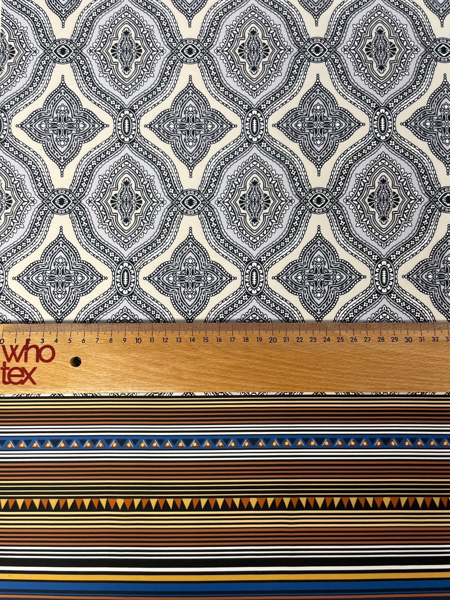 Ethnic Geometric Fabric – Black and White Mandala Pattern with Tribal Stripe Borders - Whotex Online Fabric Store