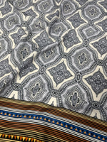 Ethnic Geometric Fabric – Black and White Mandala Pattern with Tribal Stripe Borders - Whotex Online Fabric Store