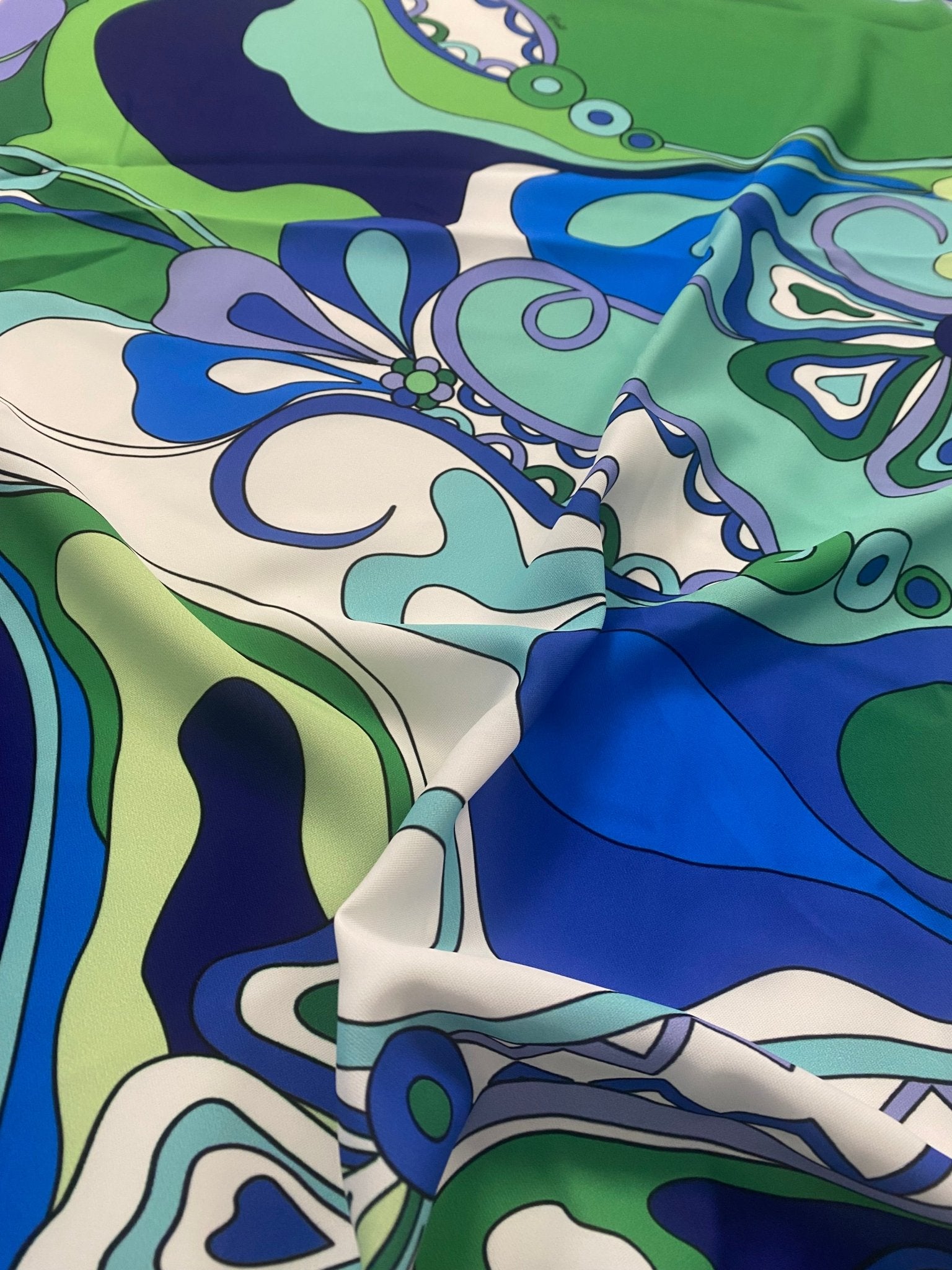 Floral Fabric in Blue and Green Retro Swirl Print - Whotex Online Fabric Store