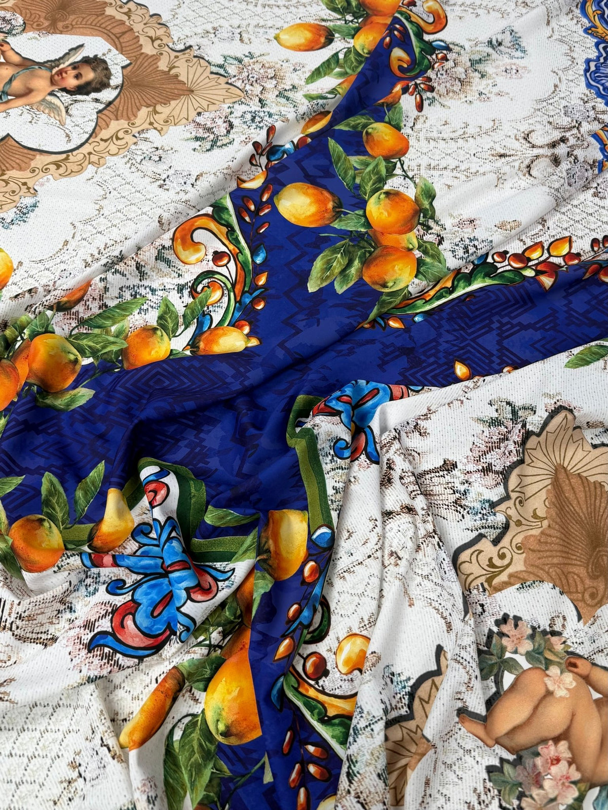 Floral Mosaic Lemon Angel Pattern Fabric Sold by Metre - Whotex Fabrics London
