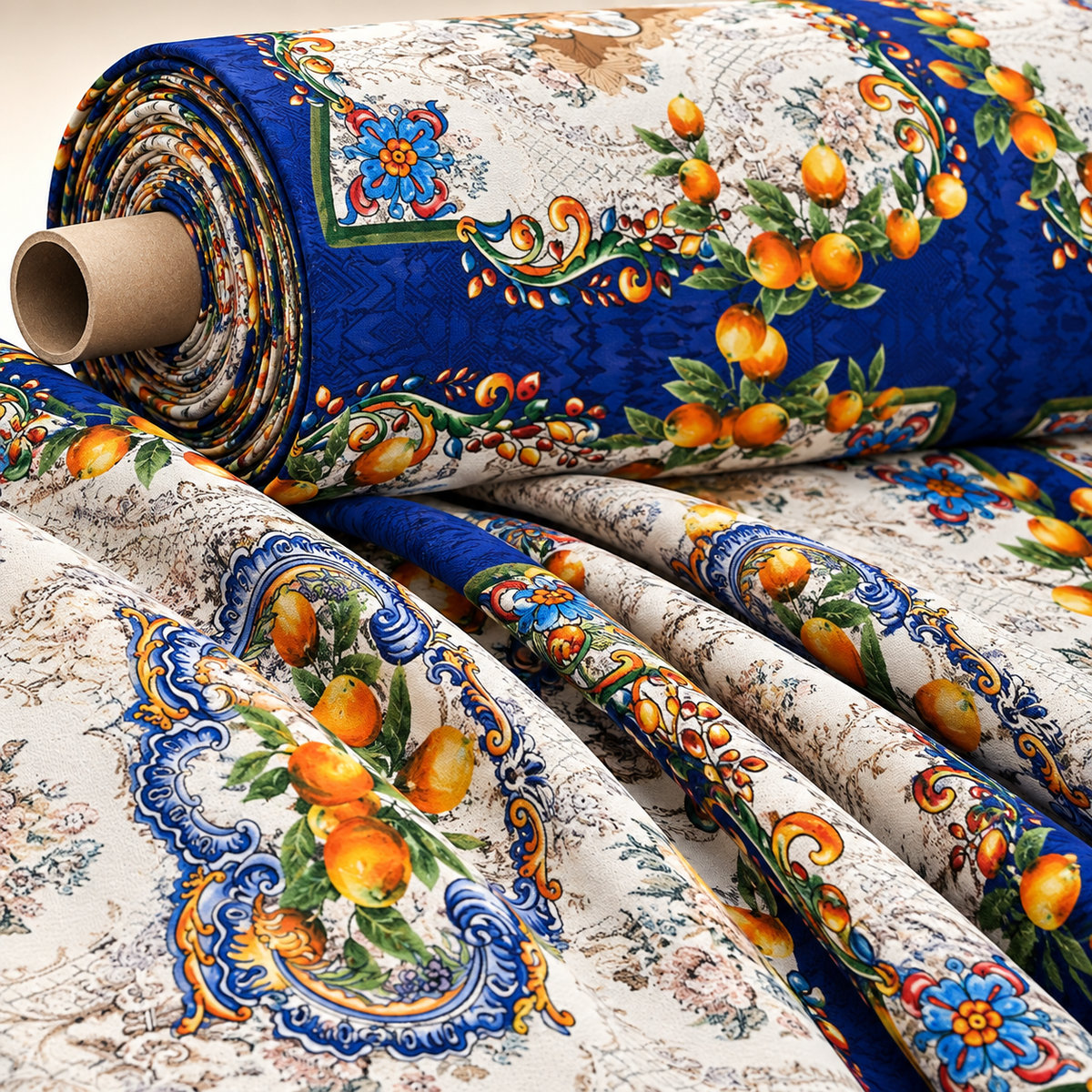 Floral Mosaic Lemon Angel Pattern Fabric Sold by Metre - Whotex Fabrics London