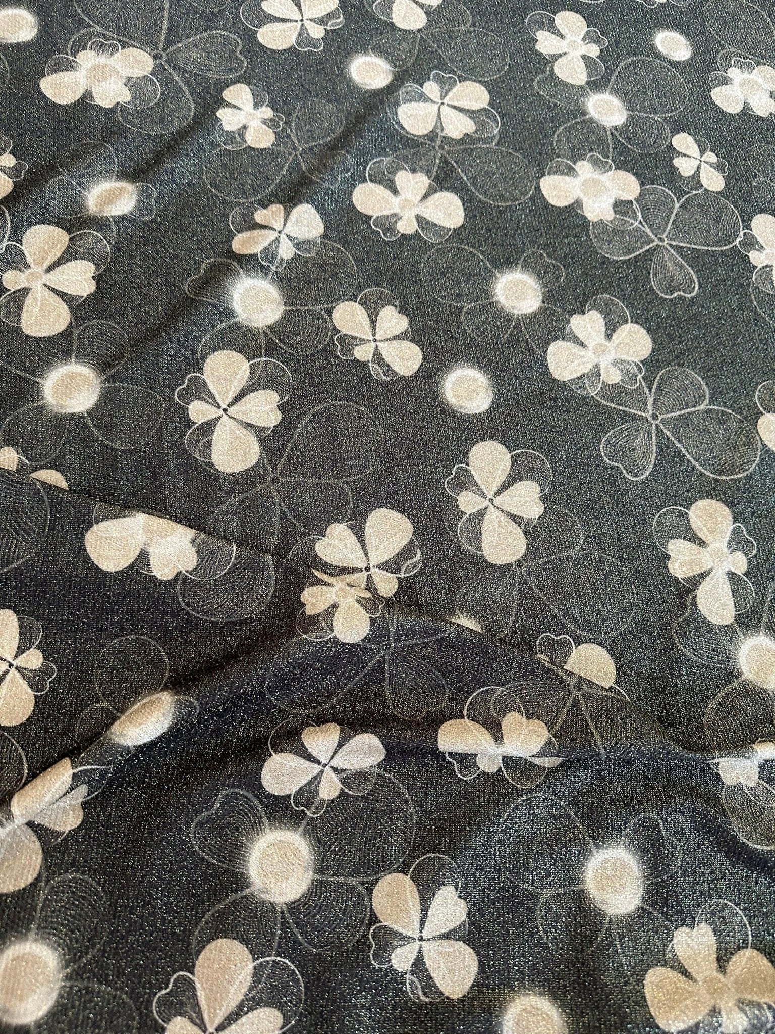 Floral pattern Gold Lurex Fabric, Glitter Knited 4 - way strecth Fabric, Clover Fabric, Beige black Color Fabric - Whotex