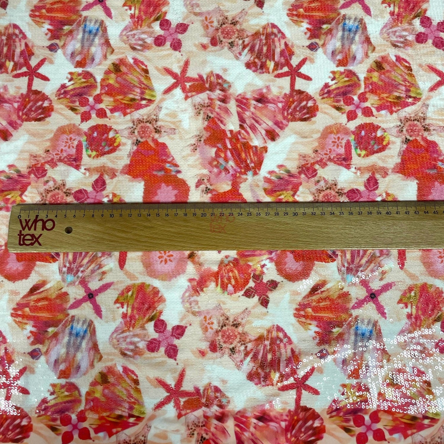 Floral Sequin Fabric – Red and Pink Starfish 2 - Way Stretch Fabric By The Yard - Whotex Online Fabric Store