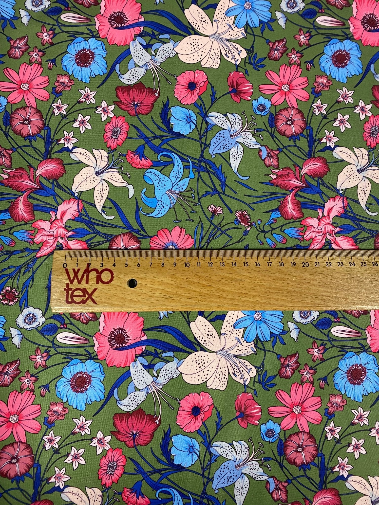 Floral Spandex Fabric – Green Base Stretch Material by Metre - Whotex Fabrics London