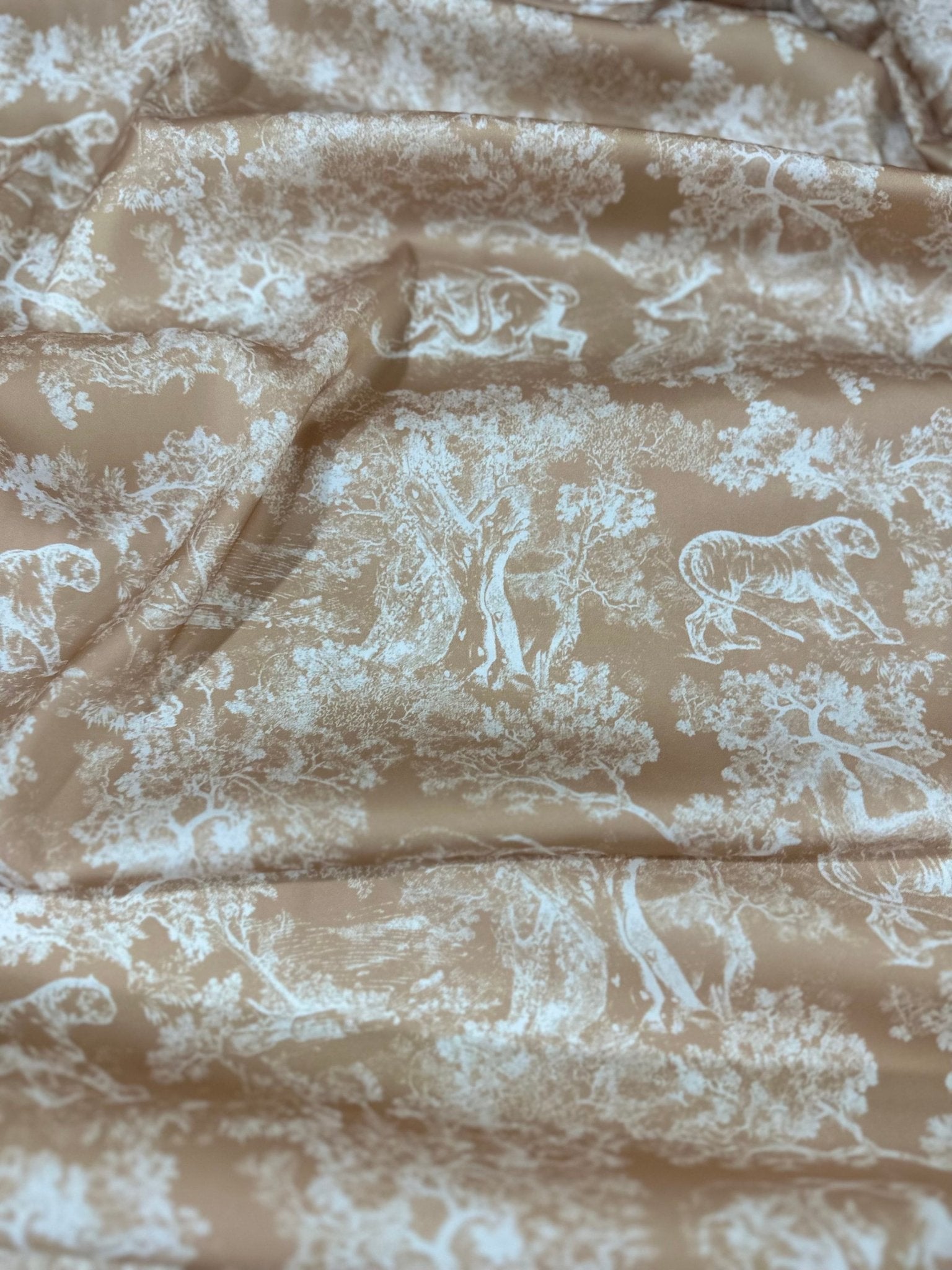 Forest Pattern Silky Satin Fabric, Beige White animal Pattern Fabric, - Whotex