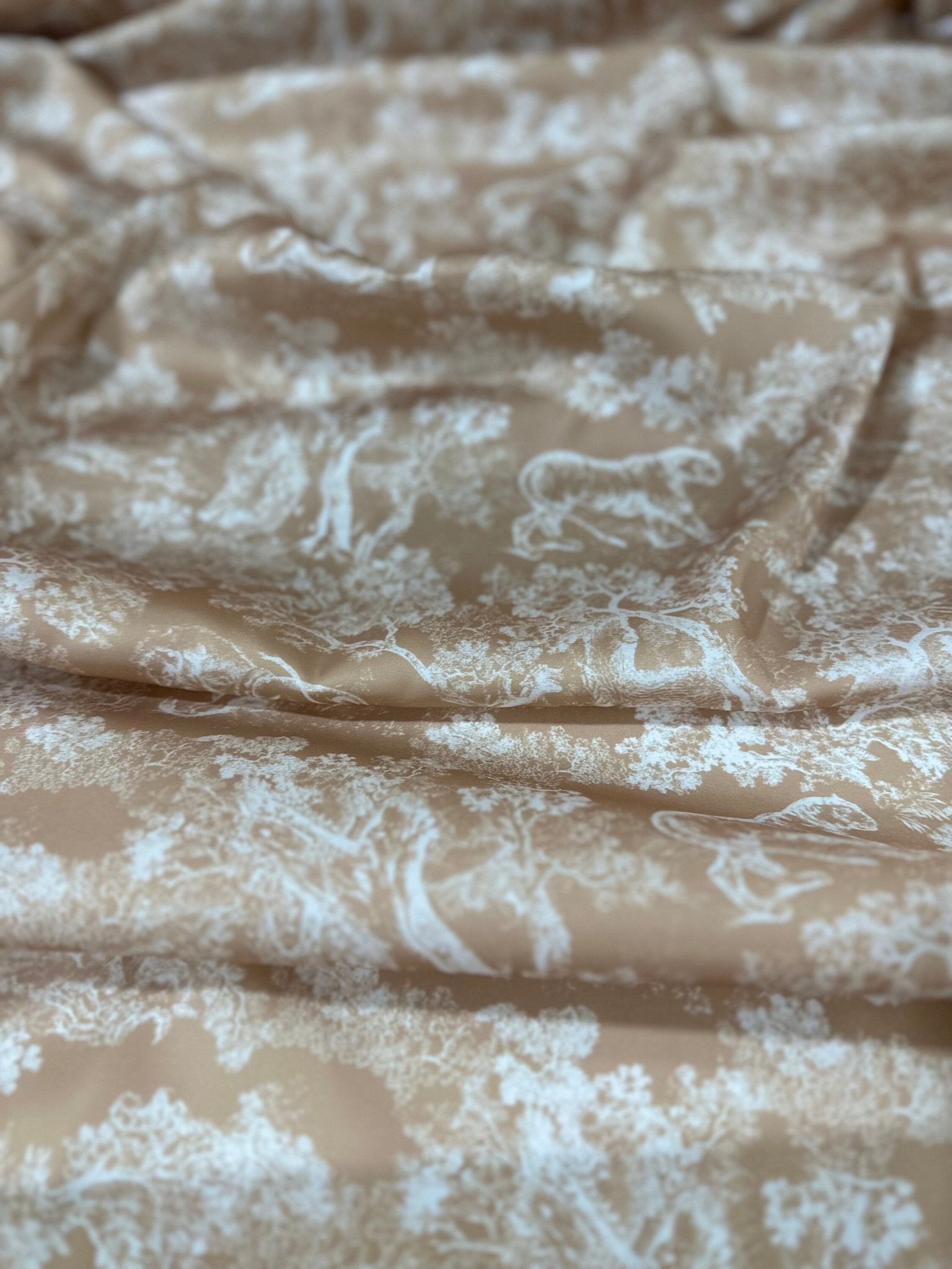 Forest Pattern Silky Satin Fabric, Beige White animal Pattern Fabric, - Whotex