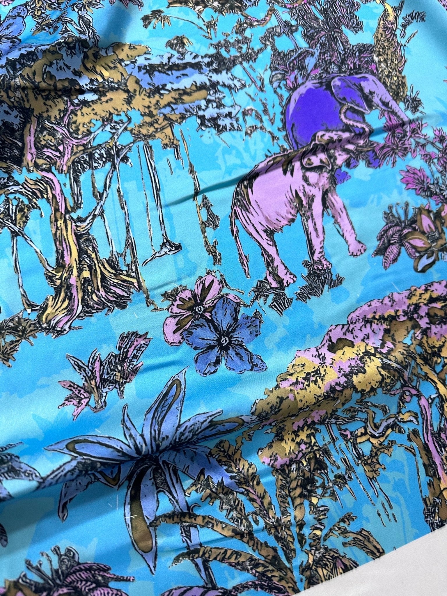 Forest Pattern Silky Satin Fabric, Blue Animal Pattern Fabric, - Whotex