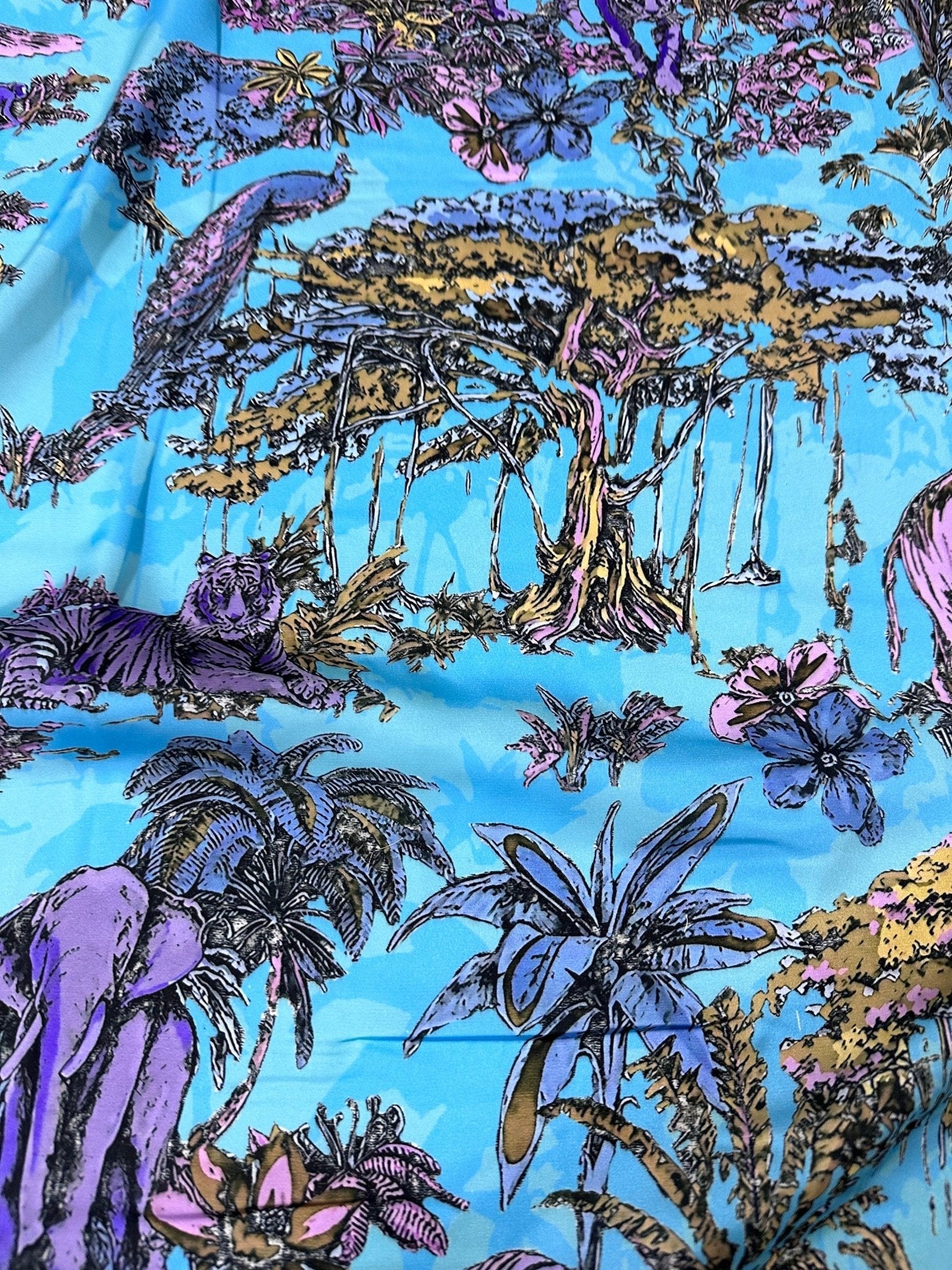 Forest Pattern Silky Satin Fabric, Blue Animal Pattern Fabric, - Whotex