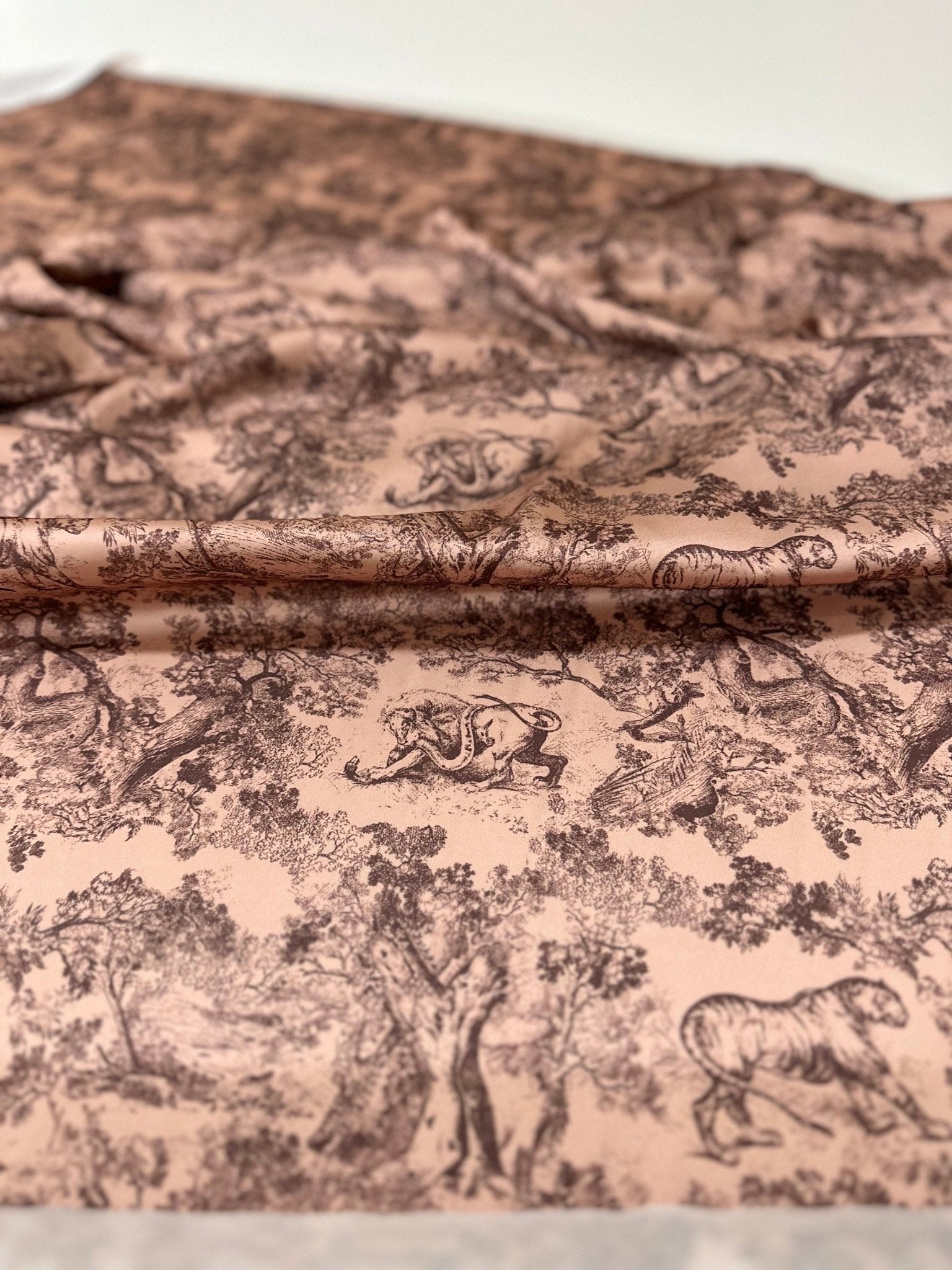 Forest Pattern Silky Satin Fabric, Brown White animal Pattern Fabric, - Whotex