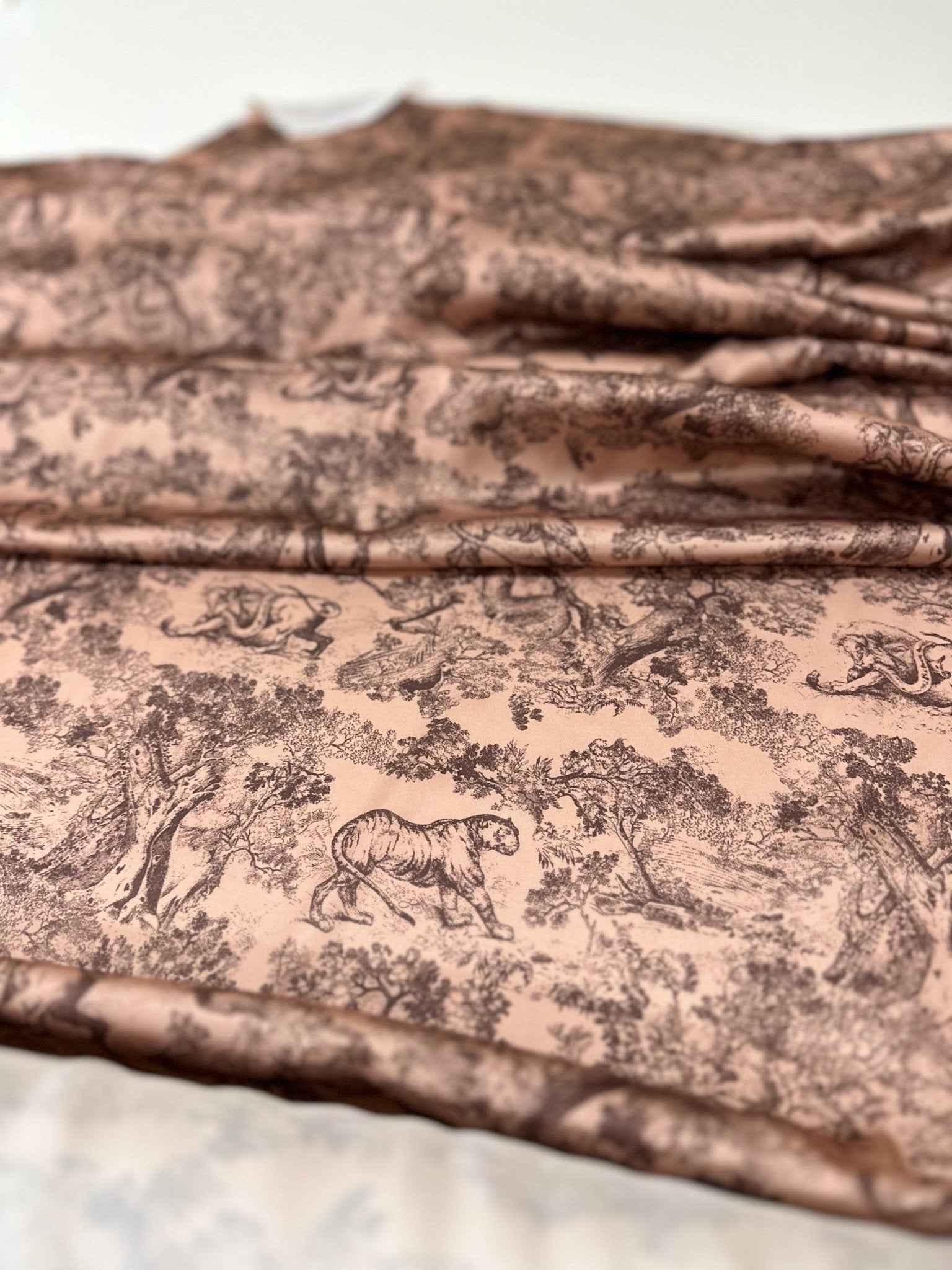 Forest Pattern Silky Satin Fabric, Brown White animal Pattern Fabric, - Whotex