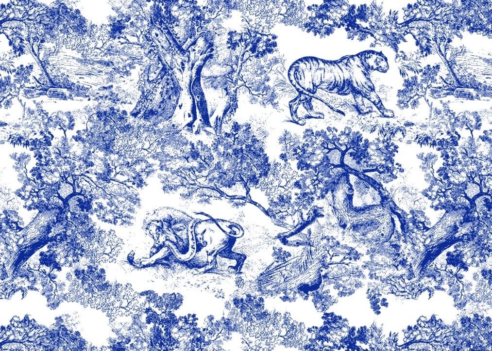 Forest Pattern Silky Satin Fabric, Navy Blue White animal Pattern Fabric, - Whotex