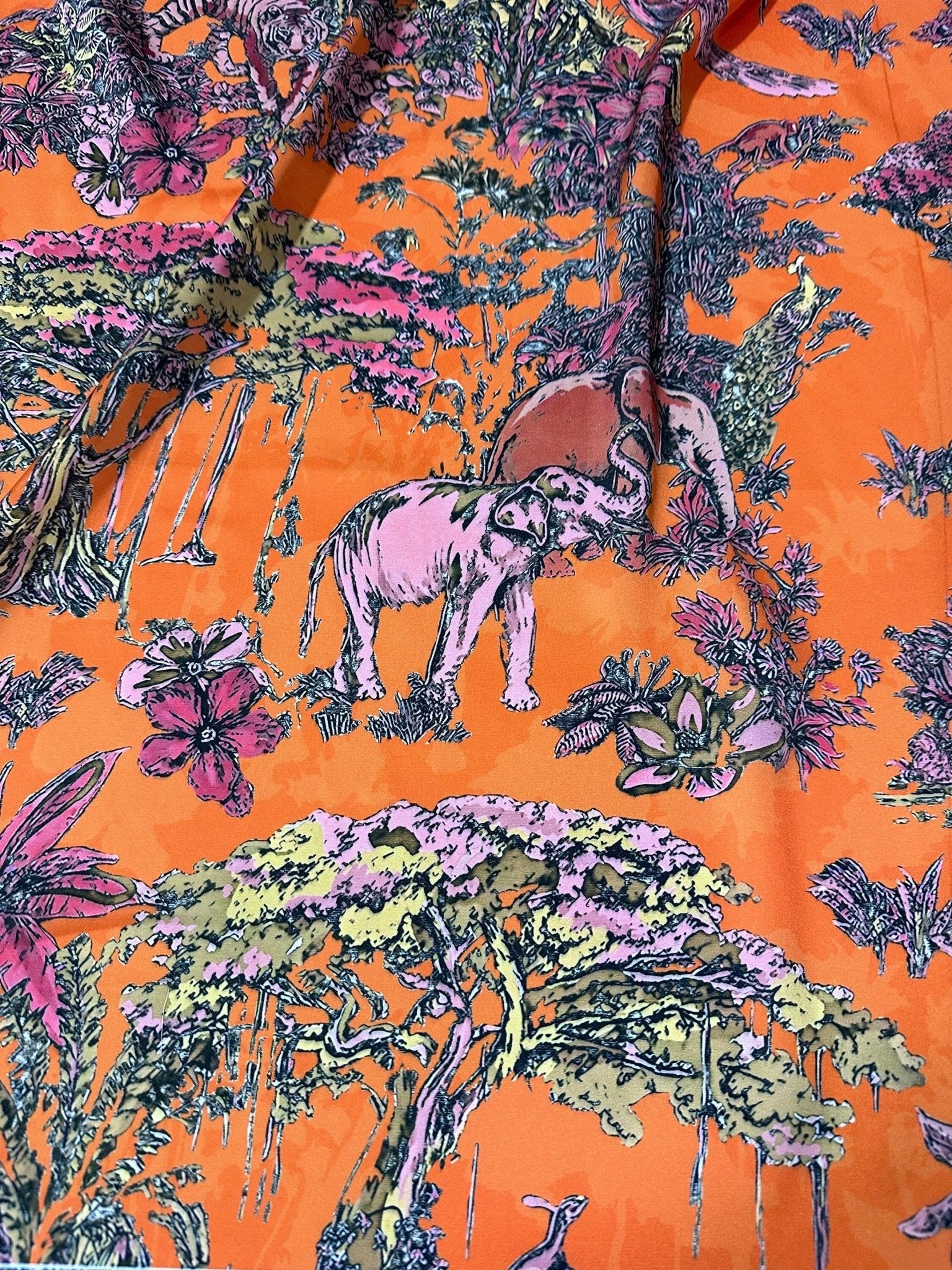 Forest Pattern Silky Satin Fabric, Orange Animal Pattern Fabric, - Whotex