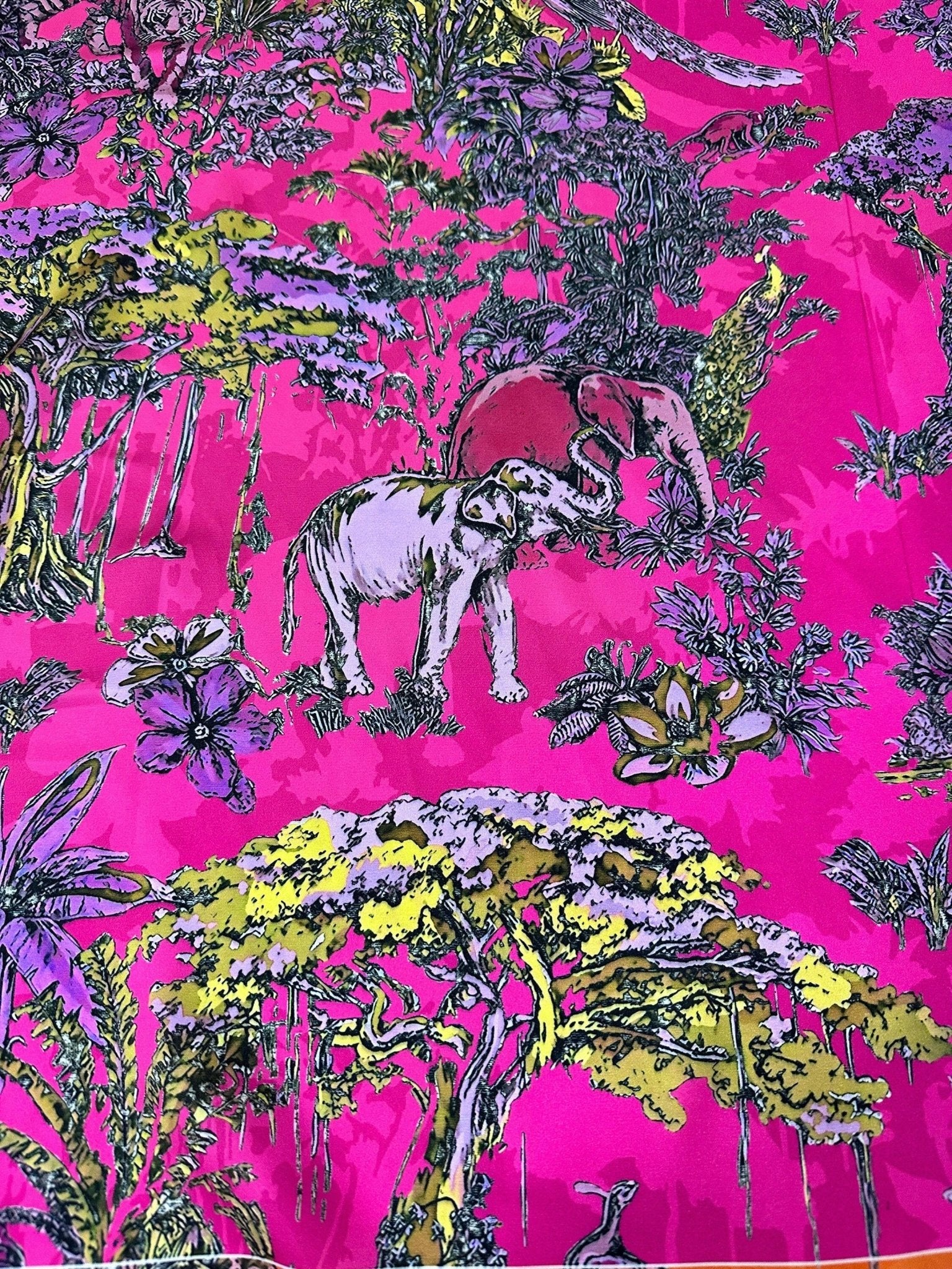 Forest Pattern Silky Satin Fabric, Pink Animal Pattern Fabric, - Whotex