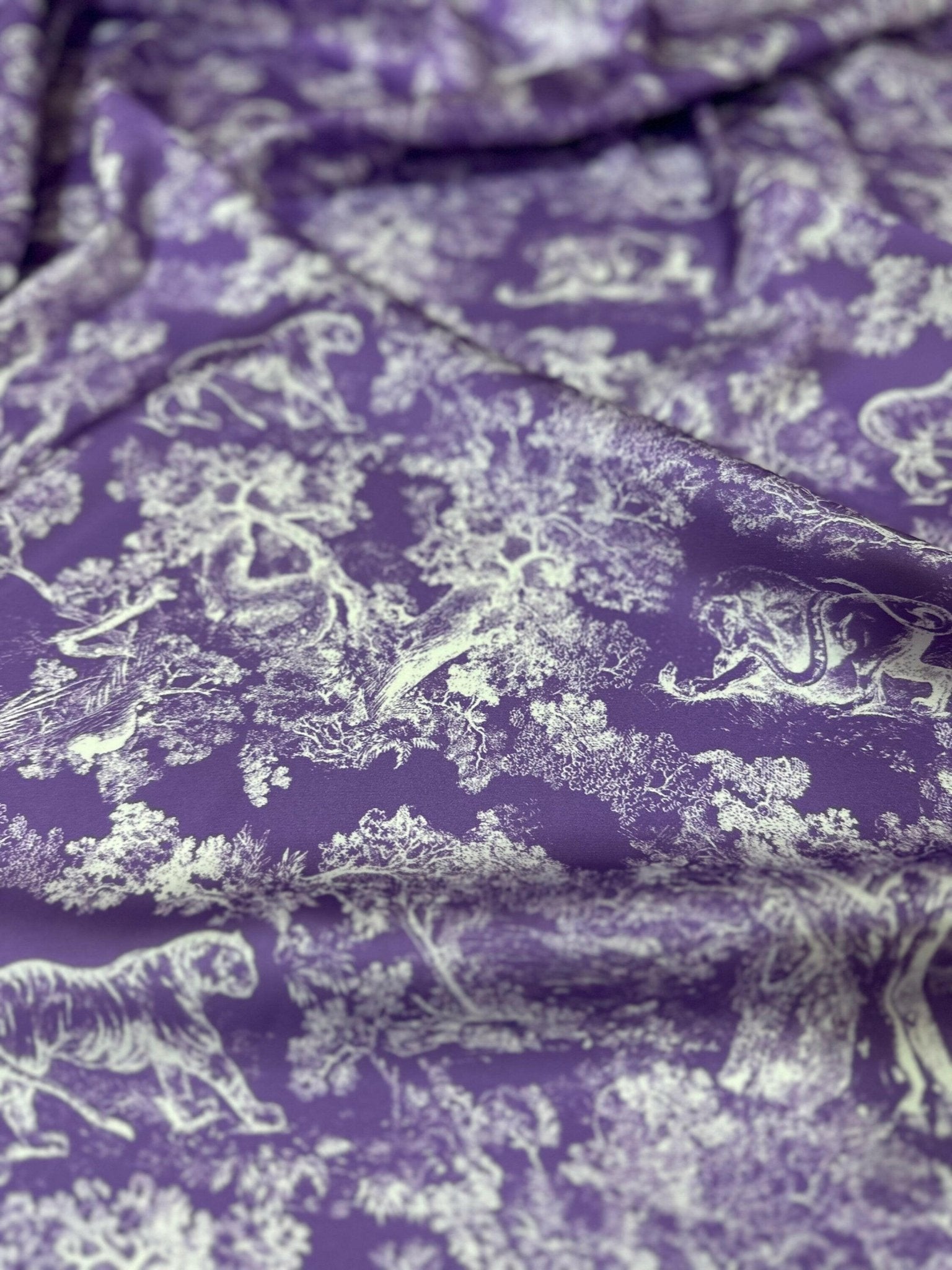 Forest Pattern Silky Satin Fabric, Purple White animal Pattern Fabric, - Whotex