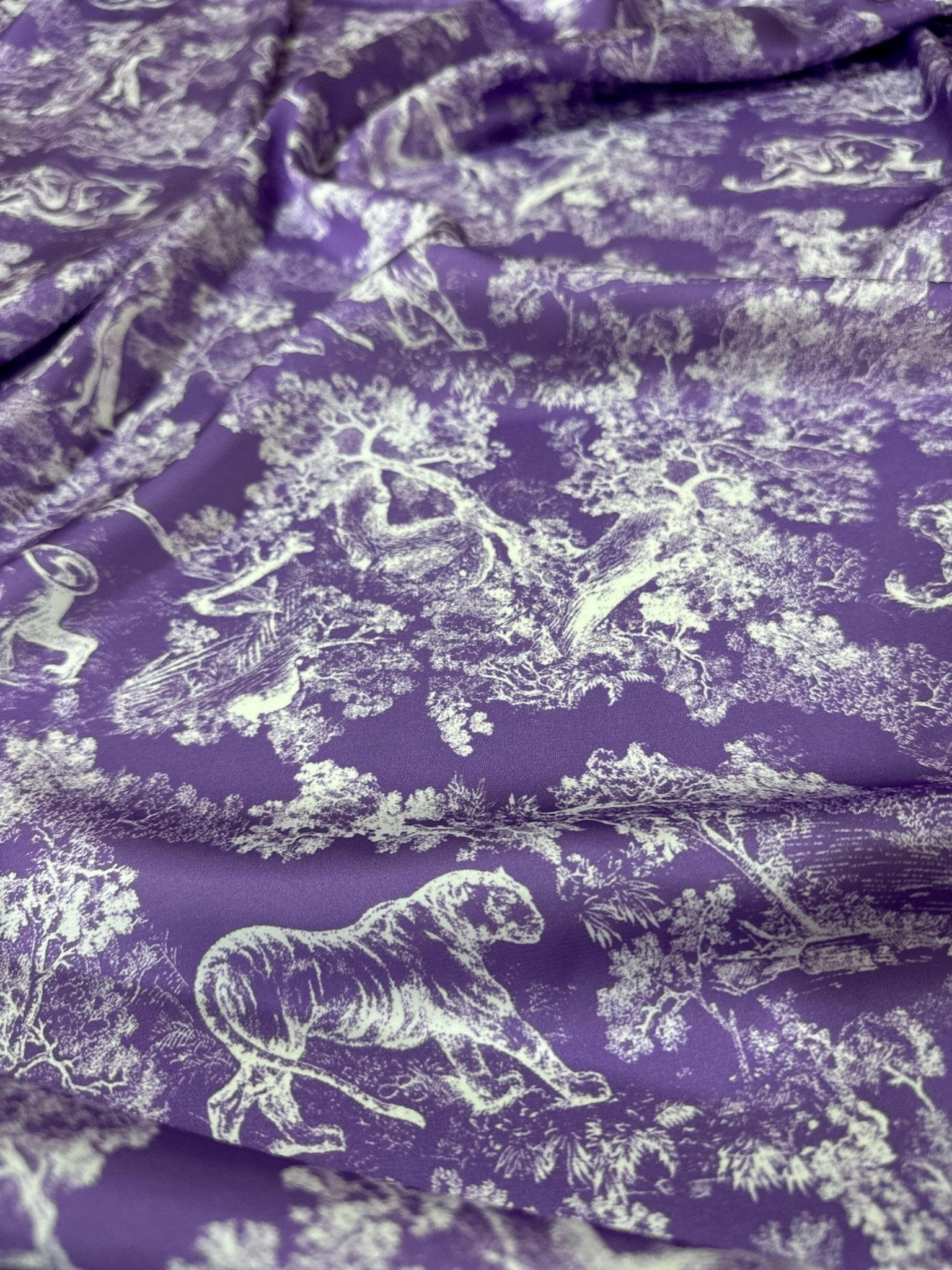 Forest Pattern Silky Satin Fabric, Purple White animal Pattern Fabric, - Whotex