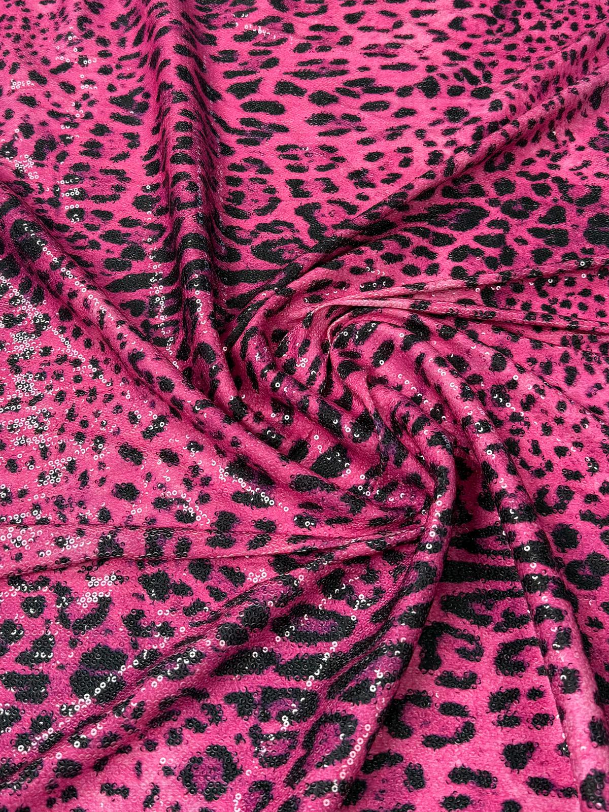 Fuchsia Leopard Sequin Fabric for Party Fashion - Whotex Fabrics London