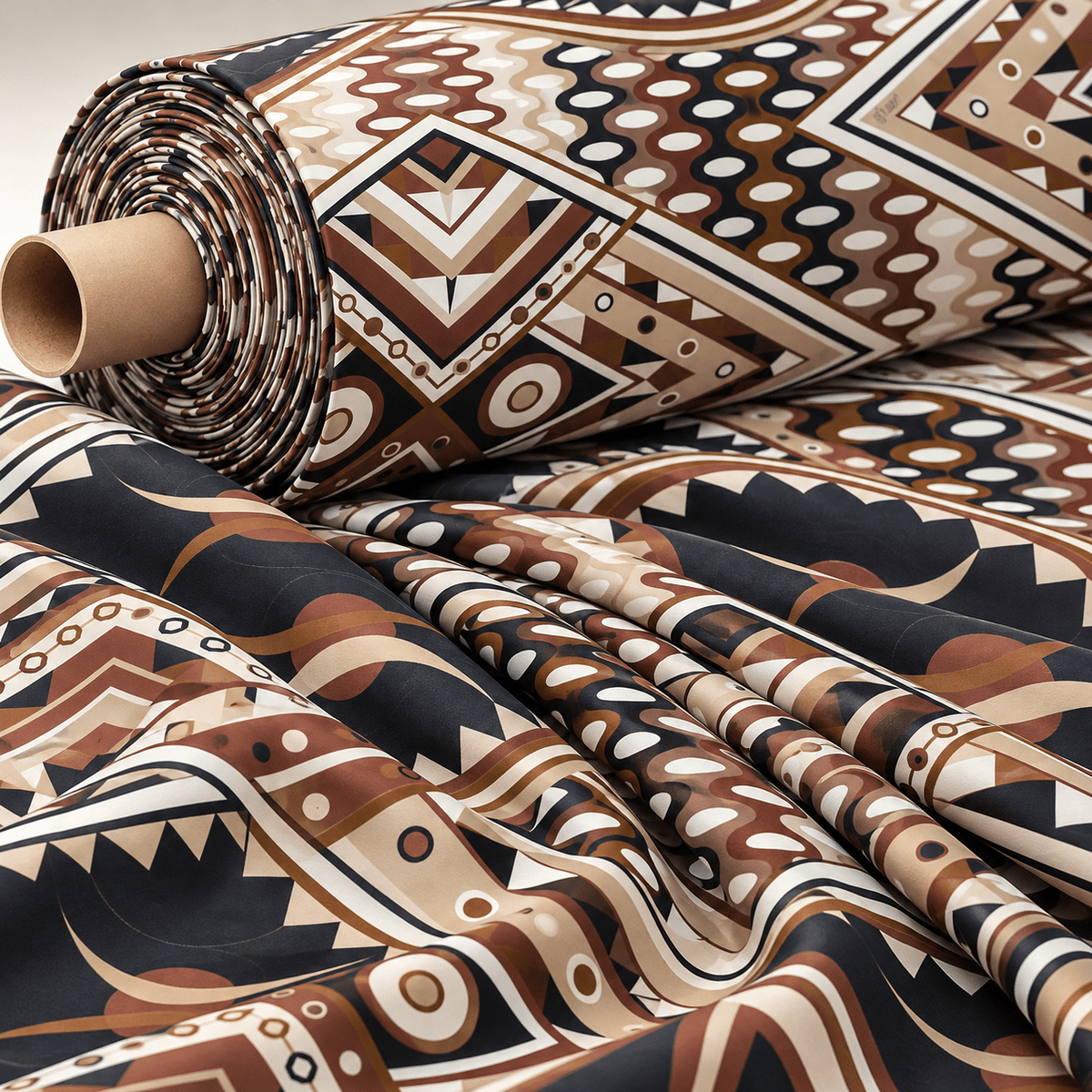 Geometric Art Deco Fabric – Brown Beige Retro Pattern by the Metre - Whotex Fabrics London