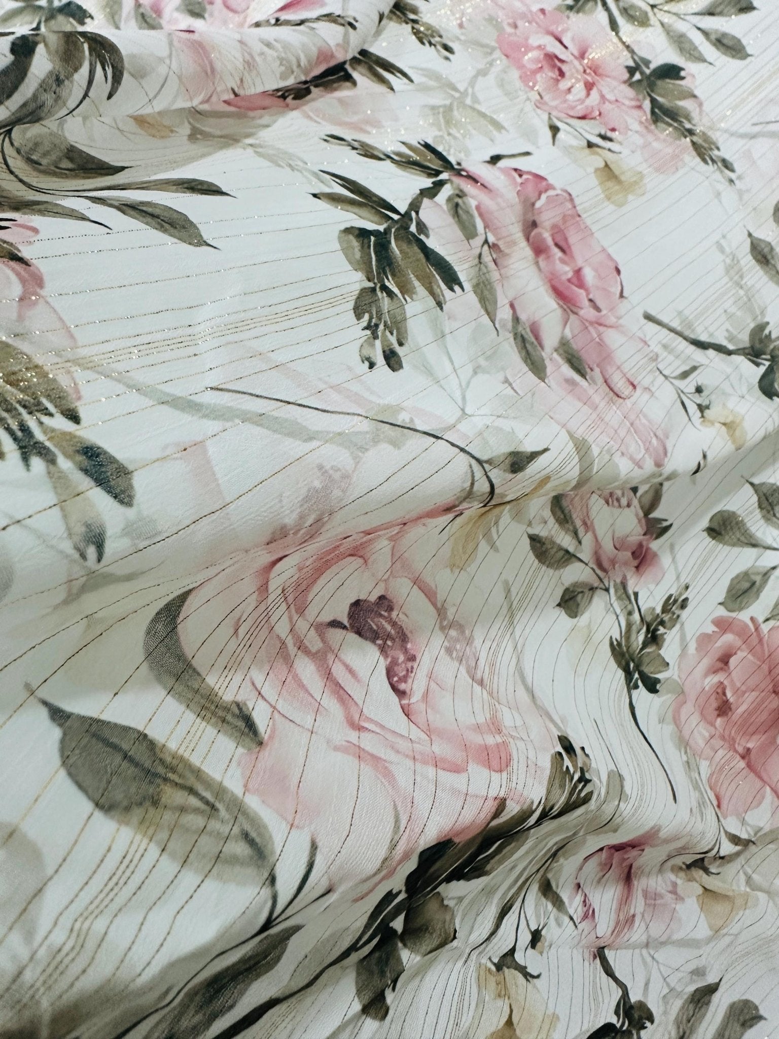 Glitter Yoryo Chiffon Fabric, Gold Stripes, Floral Print Pattern - Whotex Online Fabric Store