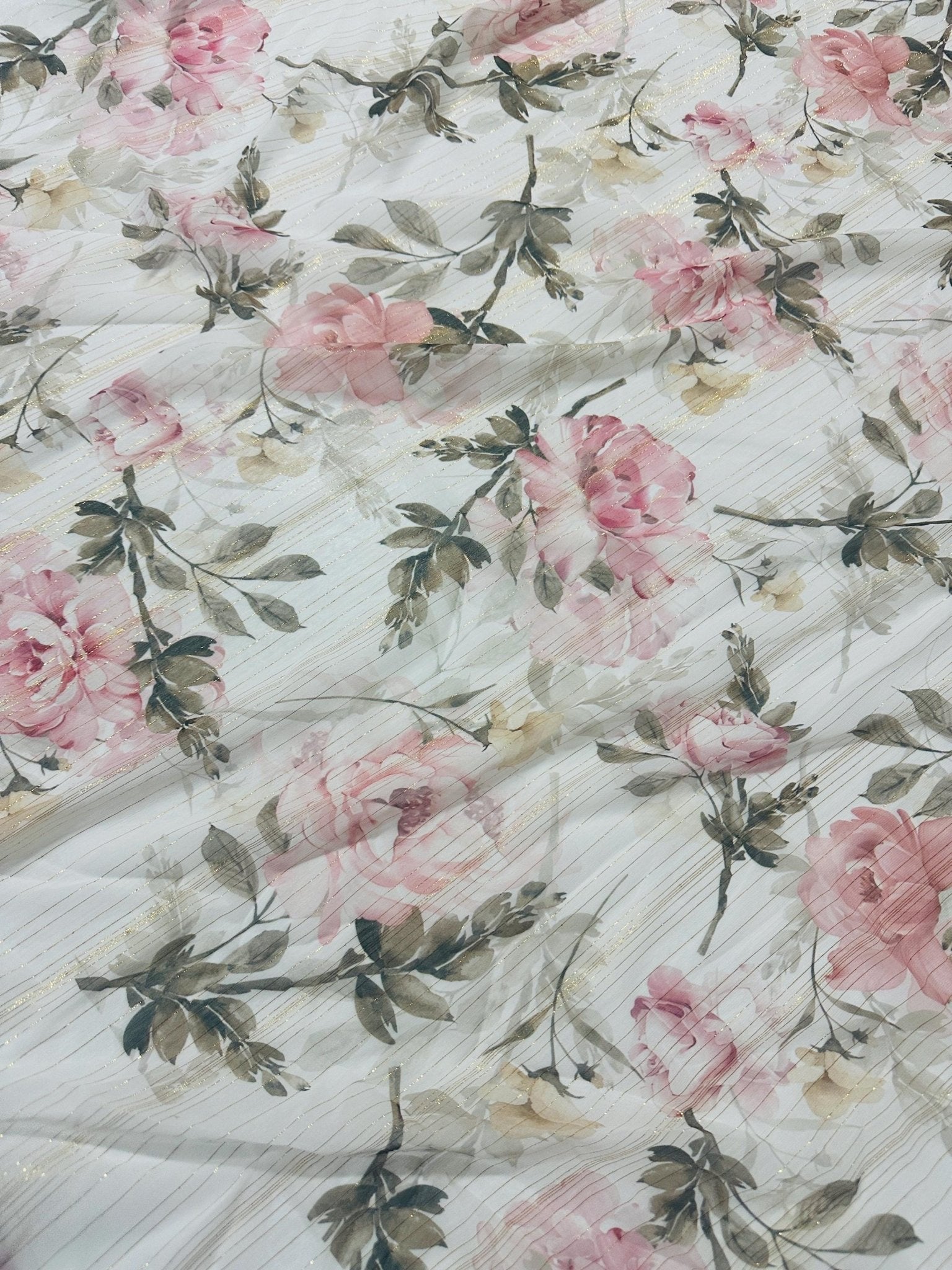 Glitter Yoryo Chiffon Fabric, Gold Stripes, Floral Print Pattern - Whotex Online Fabric Store