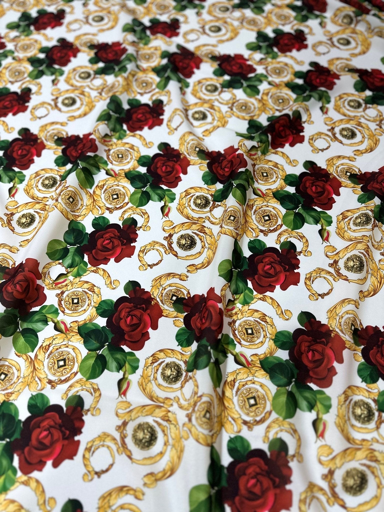 Gold Baroque Pattern Crepe , Red Rose Pattern White fabric - Whotex