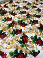 Gold Baroque Pattern Crepe, Red Rose Pattern White Fabric - Whotex Online Fabric Store