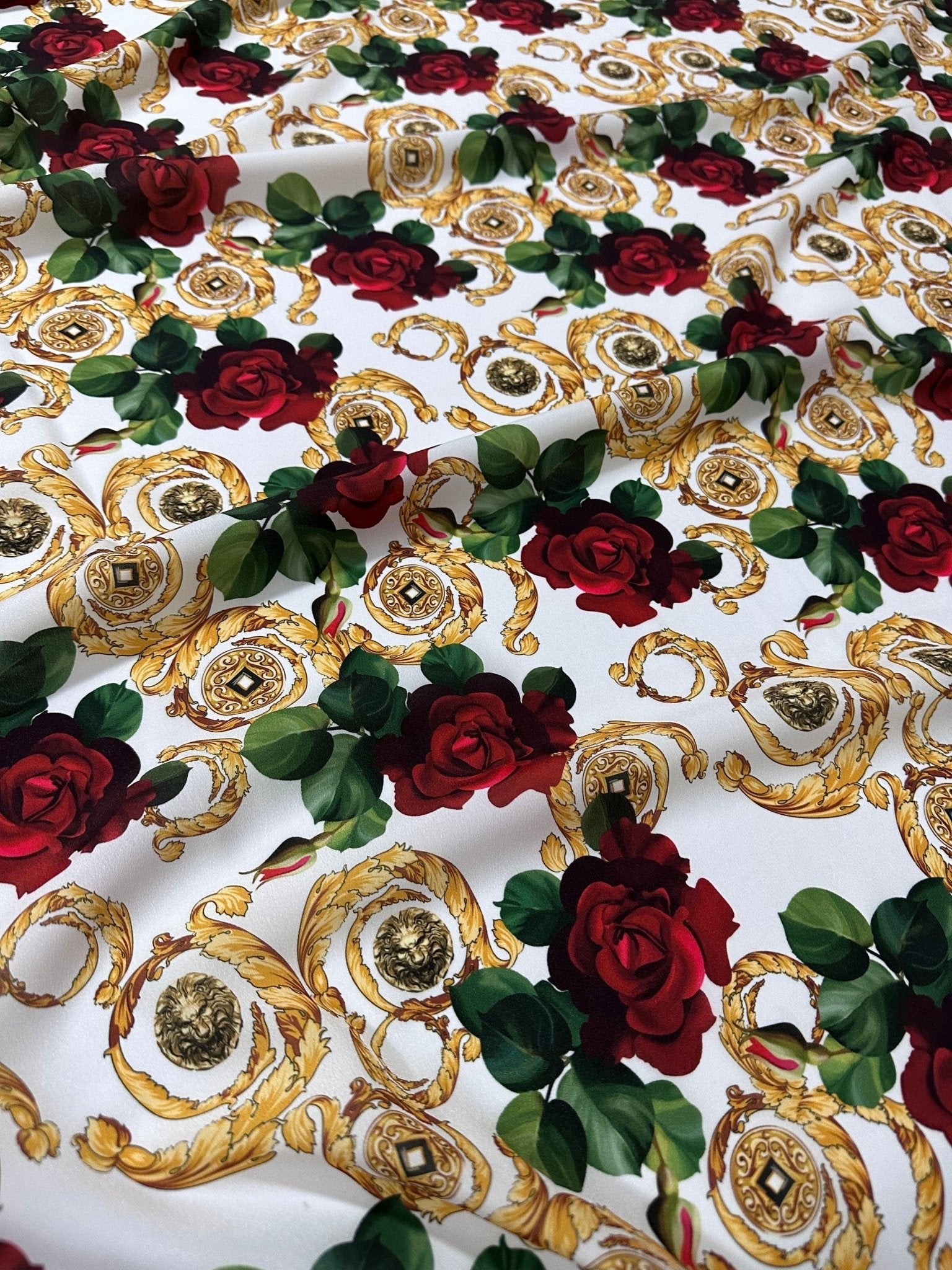 Gold Baroque Pattern Crepe , Red Rose Pattern White fabric - Whotex