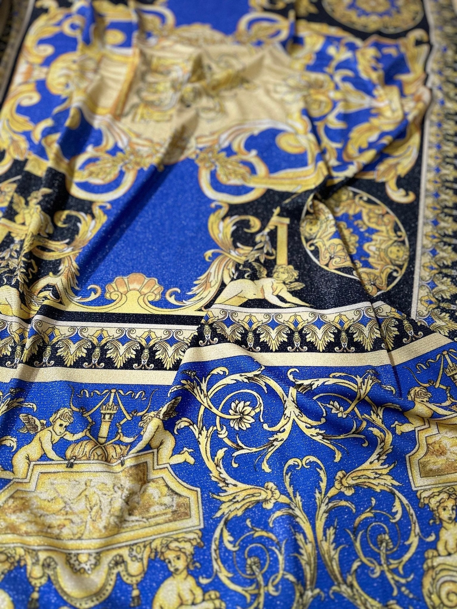 Gold Baroque Pattern Lurex Fabric, Royal Blue Glitter Knited 4 - way Stretch Fabric, - Whotex