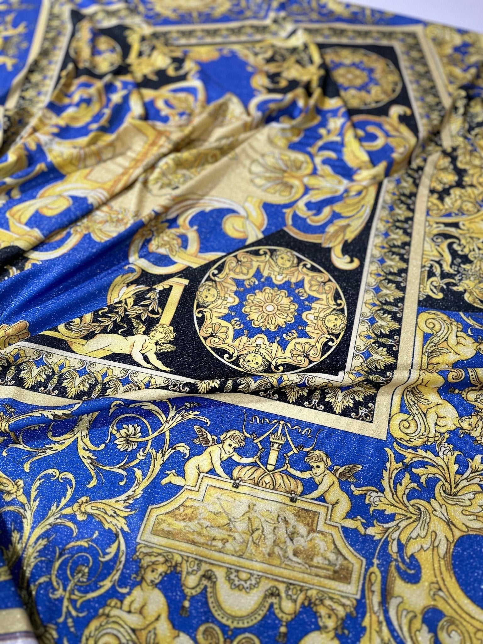 Gold Baroque Pattern Lurex Fabric, Royal Blue Glitter Knited 4 - way Stretch Fabric, - Whotex