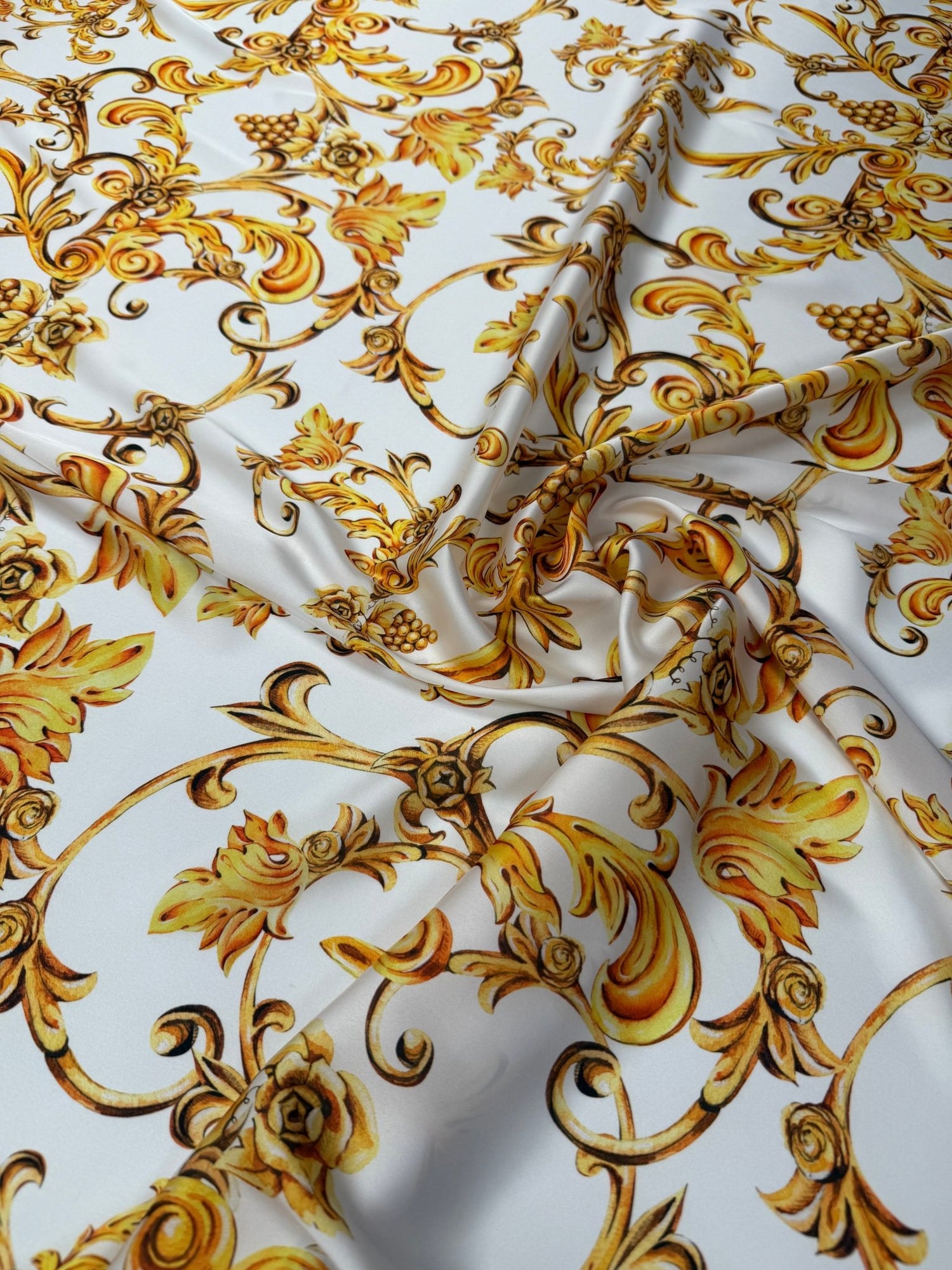 Gold Baroque Print Satin Fabric by the Metre - Whotex Fabrics London