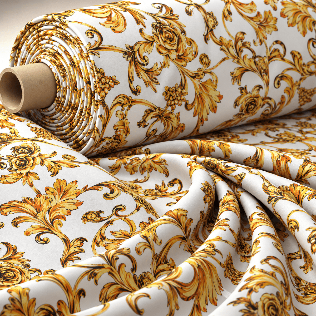 Gold Baroque Print Satin Fabric by the Metre - Whotex Fabrics London