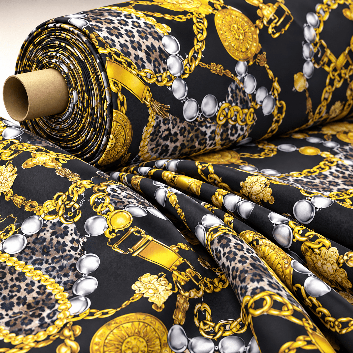 Gold Chain, Leopard, and Pearl Print on Black Background Fabric by the Metre - Whotex Fabrics London