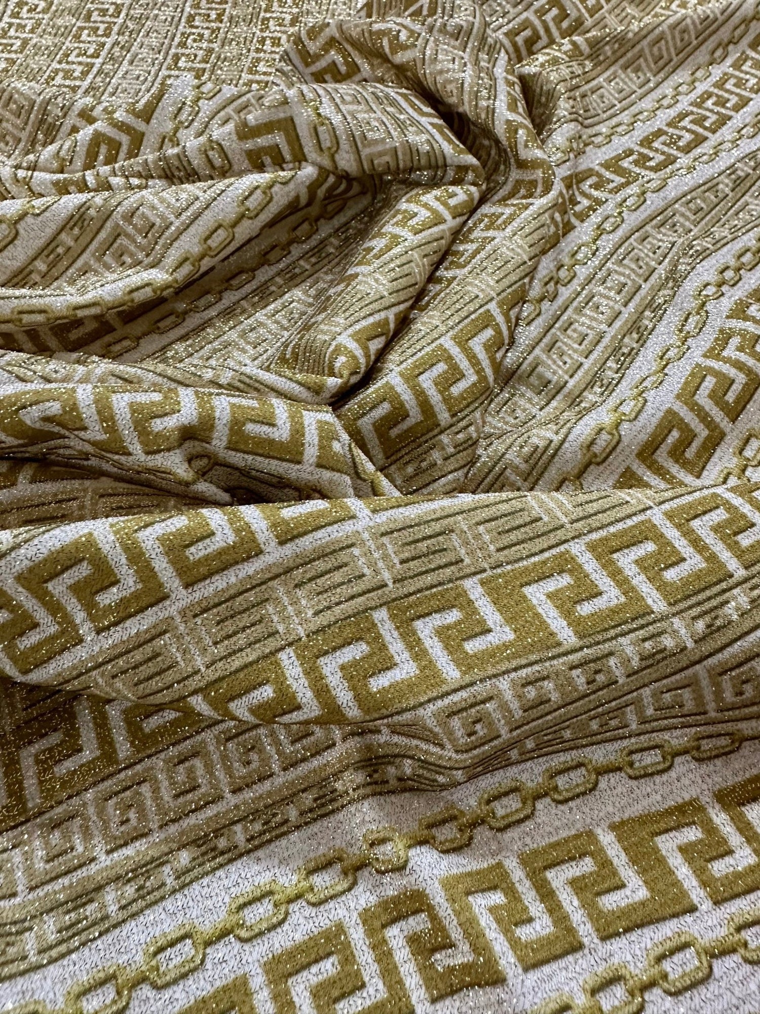 Gold Greek Key Pattern Lurex Fabric, Glitter Knited 4 - way Stretch Fabric, - Whotex Online Fabric Store