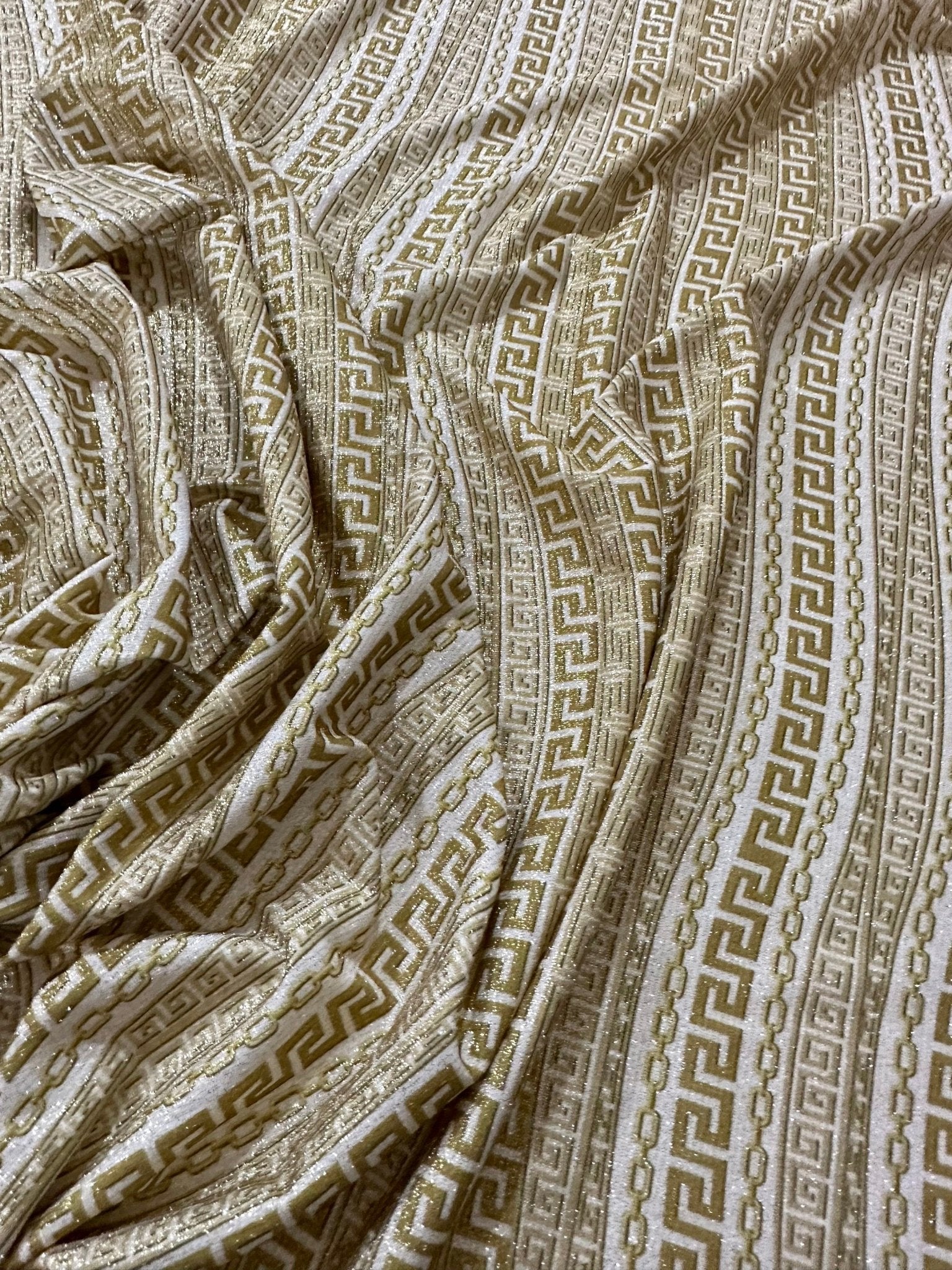 Gold Greek Key Pattern Lurex Fabric, Glitter Knited 4 - way Stretch Fabric, - Whotex Online Fabric Store