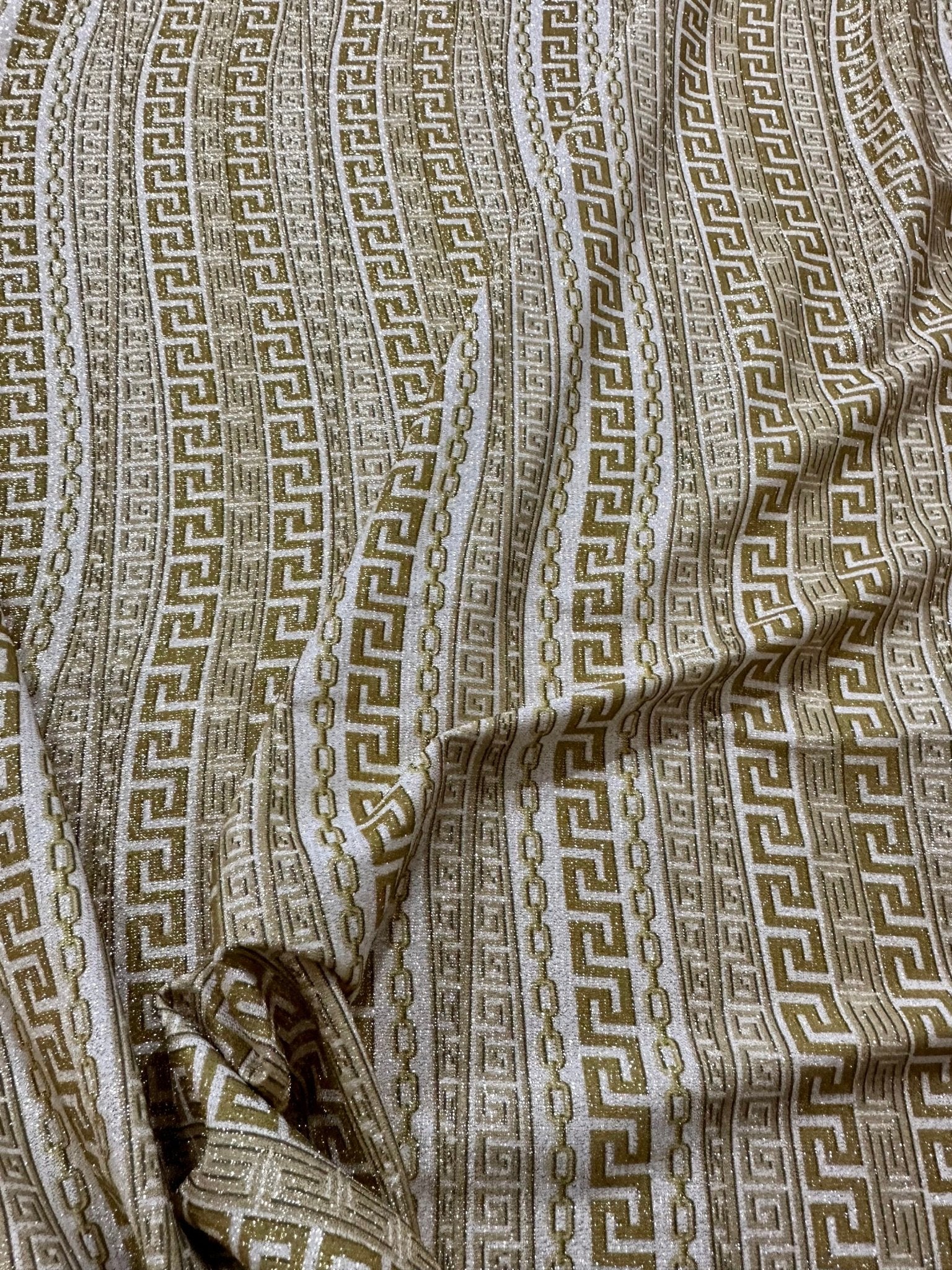 Gold Greek Key Pattern Lurex Fabric, Glitter Knited 4 - way Stretch Fabric, - Whotex Online Fabric Store