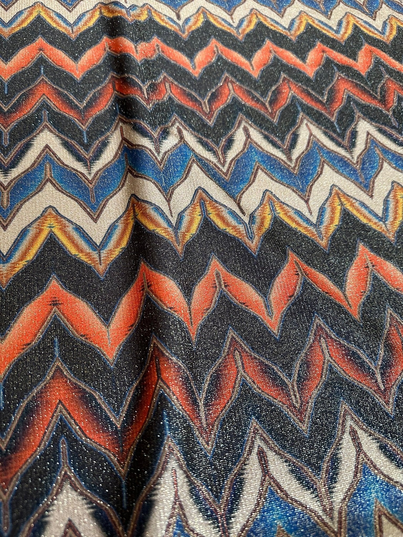 Gold Lurex Fabric, Glitter Knited 4 - way strecth Fabric, Black Orange Zigzag Pattern Fabric - Whotex